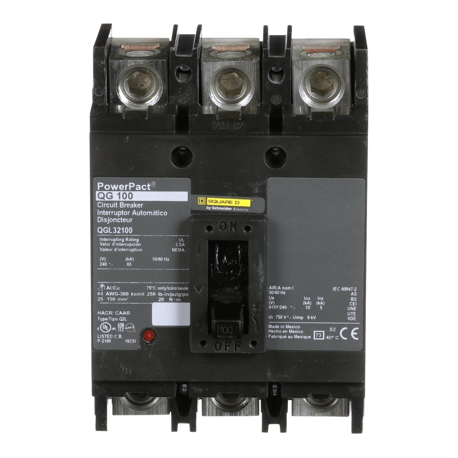 Square D™ PowerPact™ QGL32100 Molded Case Circuit Breaker, 240 V AC, 100 A, 65 kA Interrupt, 3 Poles, Thermal Magnetic Trip