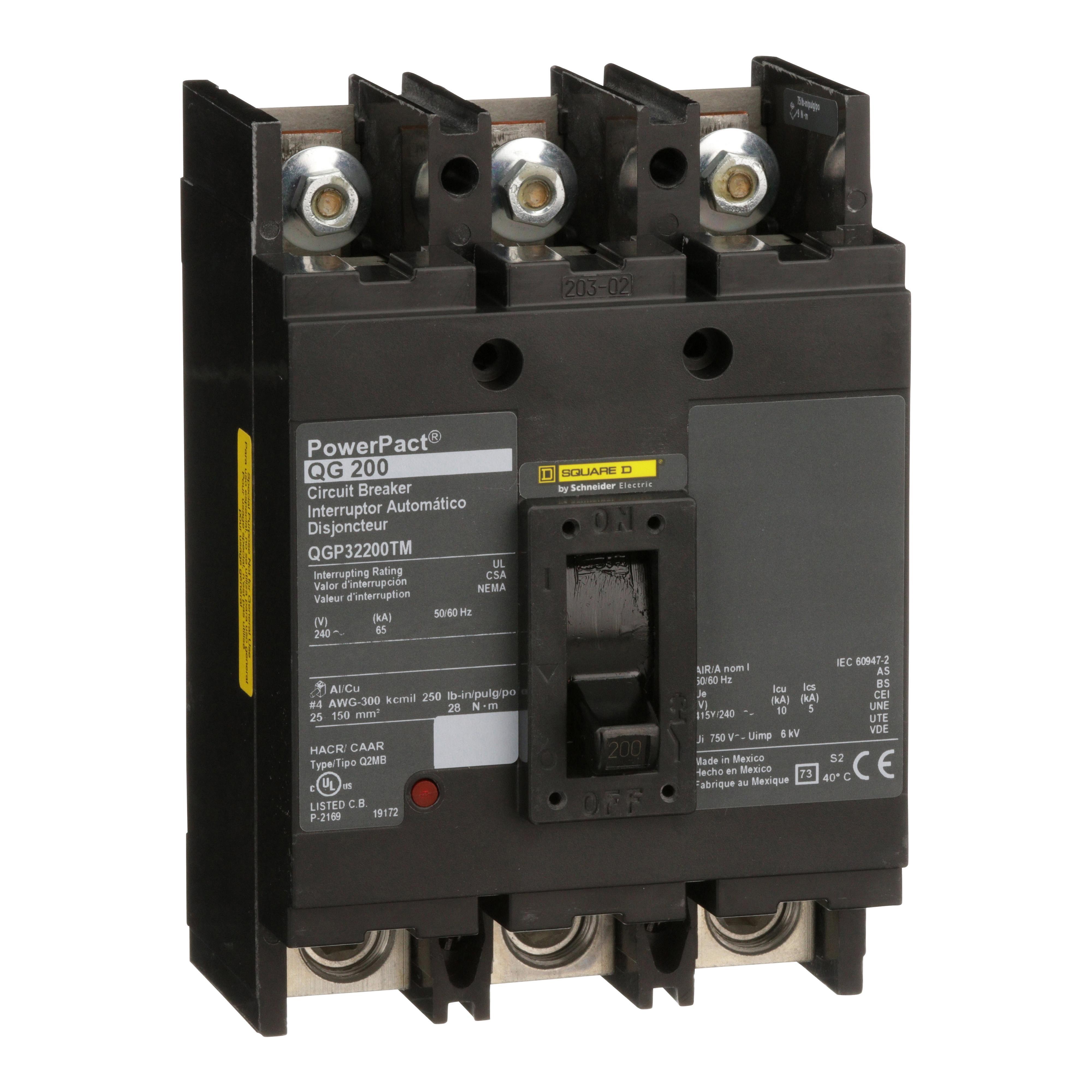 Square D™ PowerPact™ Q QGP32200TM Type QG Molded Case Circuit Breaker, 240 V AC, 200 A, 65 kA Interrupt, 3 Poles, Thermal Magnetic Trip