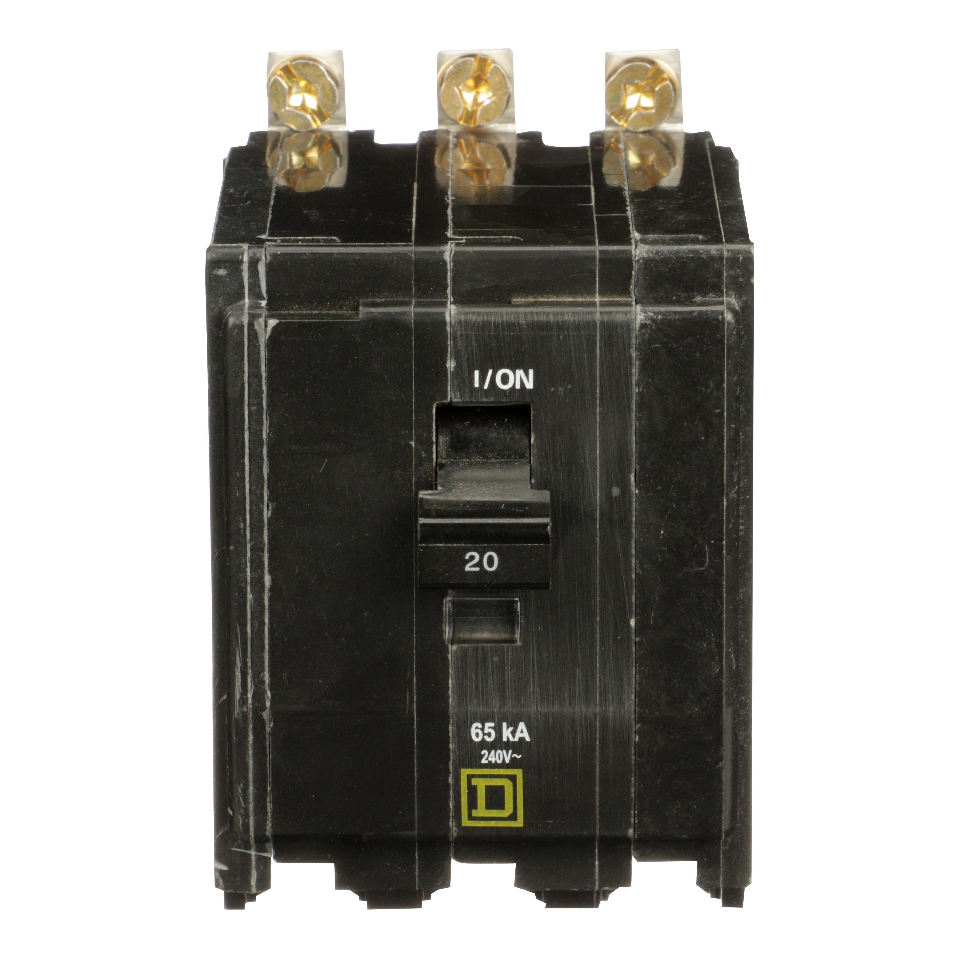 Square D™ QO® QHB320 Type QHB Miniature Circuit Breaker, 120/240 V AC, 20 A, 65 kA Interrupt, 3 Poles, Thermal Magnetic Trip