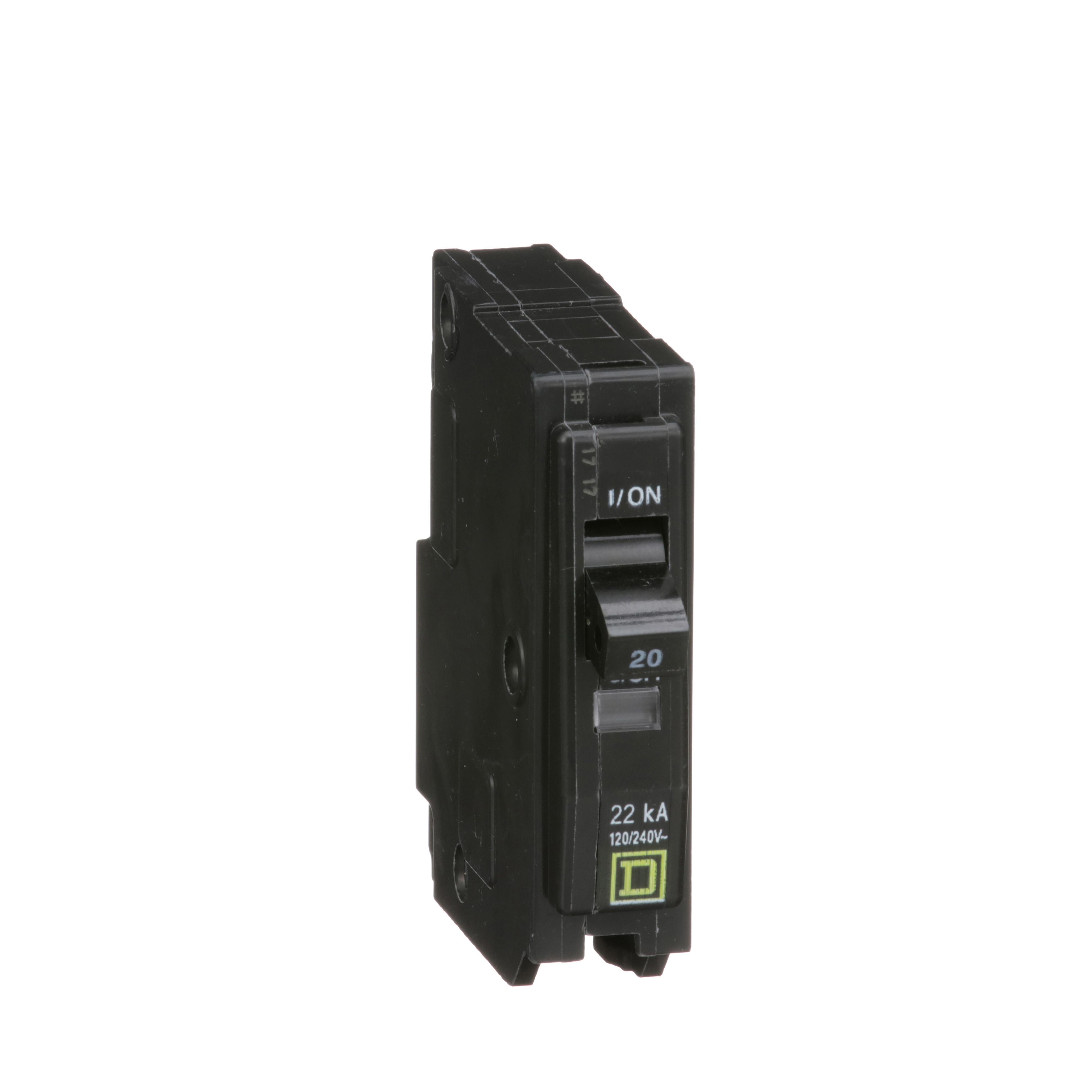 Square D™ QO™ QO120VH Standard Miniature Circuit Breaker, 120/240 V AC, 20 A, 22 kA Interrupt, 1 Pole, Thermal Magnetic Trip