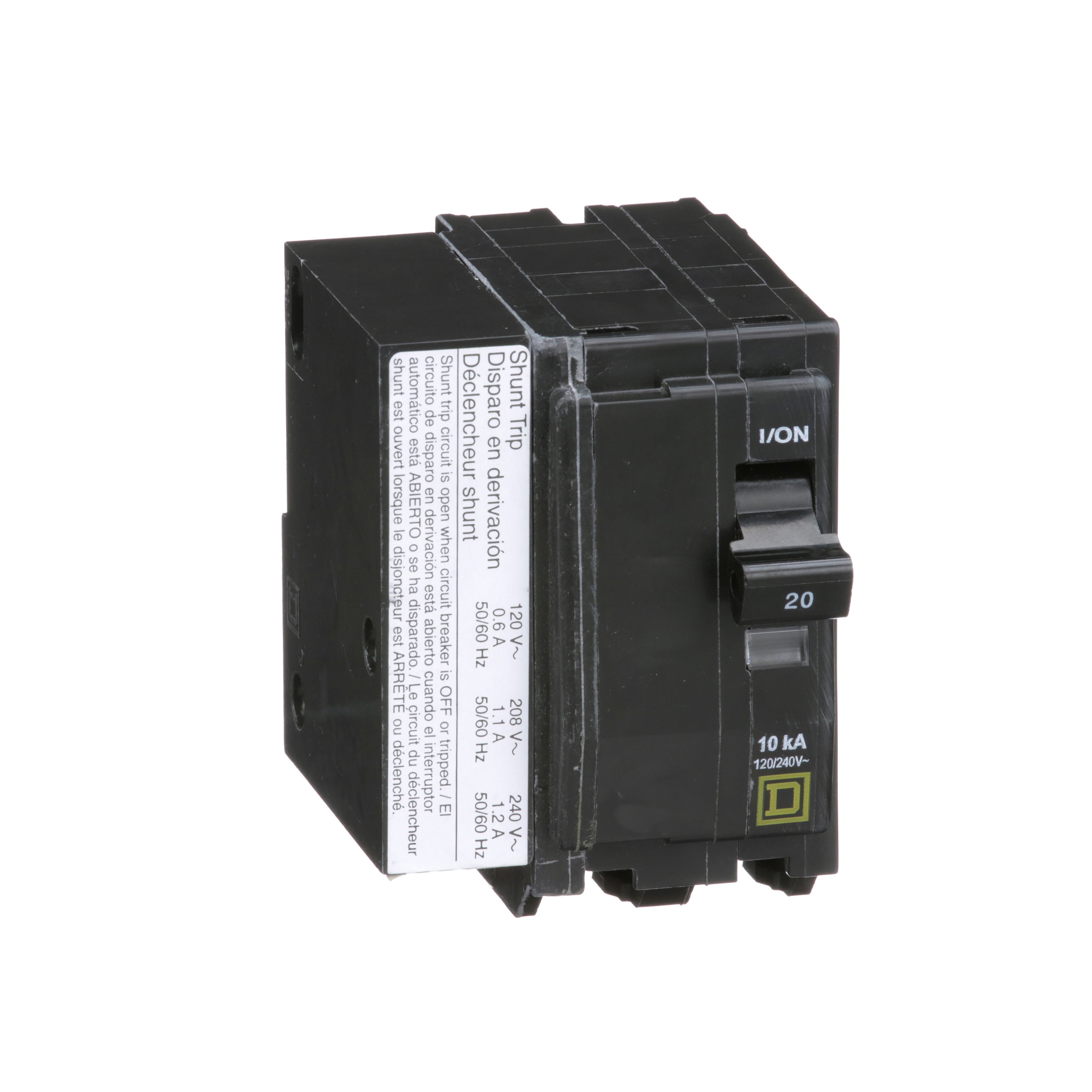 Square D™ QO™ QO2201021 Standard Miniature Circuit Breaker, 120/240 V AC, 20 A, 10 kA Interrupt, 2 Poles, Thermal Magnetic Trip