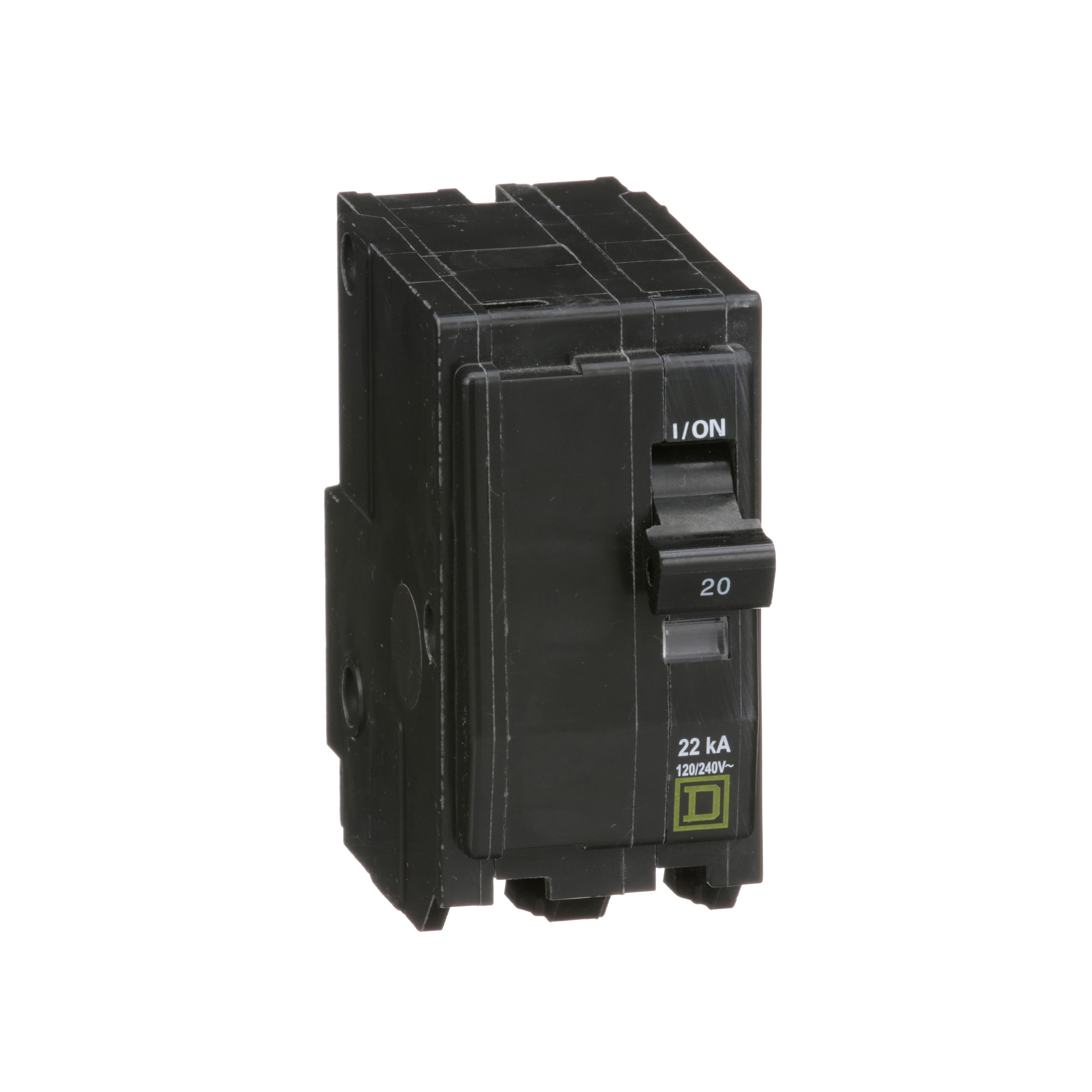 Square D™ QO™ QO220VH Standard Miniature Circuit Breaker, 120/240 V AC, 20 A, 22 kA Interrupt, 2 Poles, Thermal Magnetic Trip