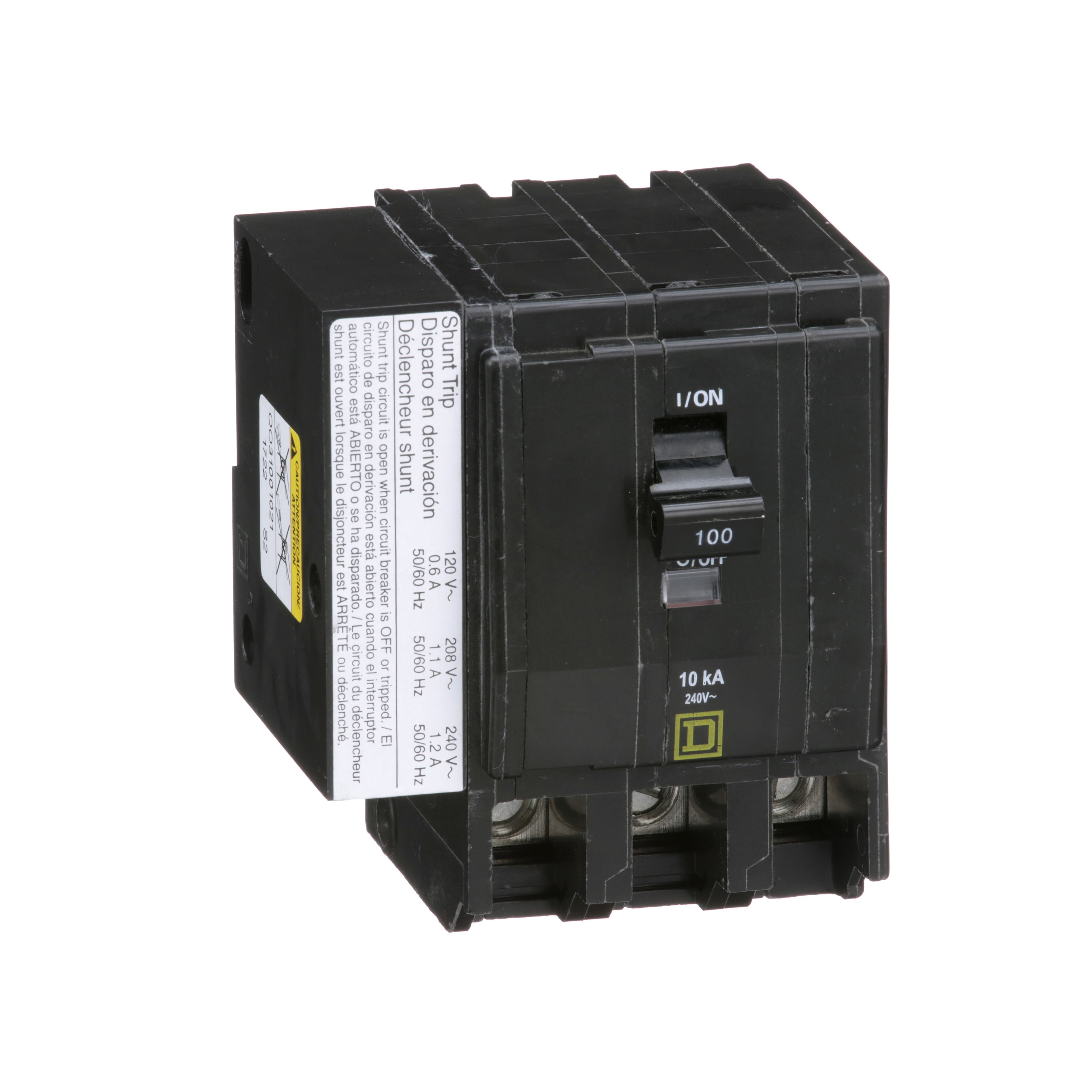 Square D™ QO™ QO31001021 Standard Miniature Circuit Breaker, 240 V AC, 100 A, 10 kA Interrupt, 3 Poles, Thermal Magnetic Trip