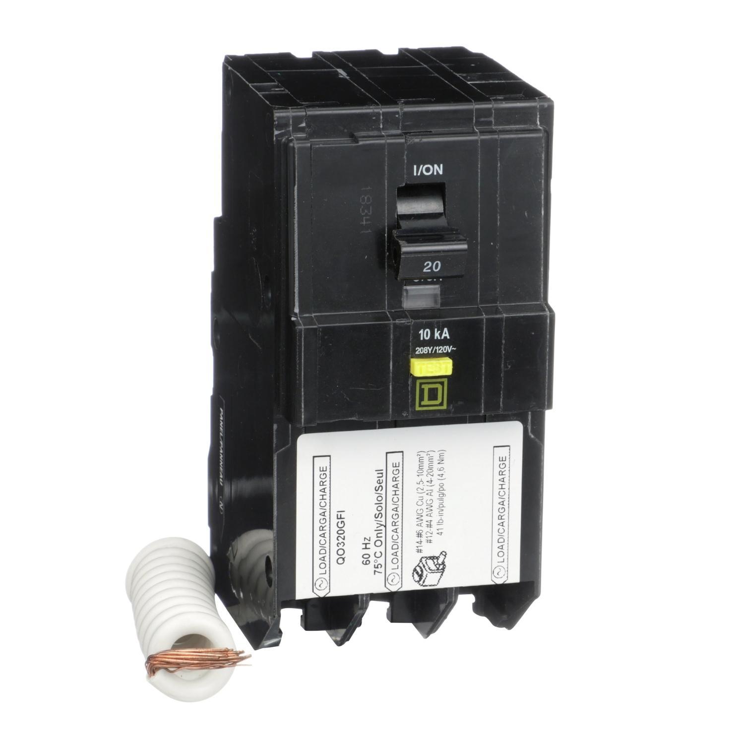 Square D™ QO™ Qwik-Gard® QO320GFI Type QO-GFI Class A Ground Fault Miniature Circuit Breaker, 208Y/120 V AC, 20 A, 10 kA Interrupt, 3 Poles, Thermal Magnetic Trip