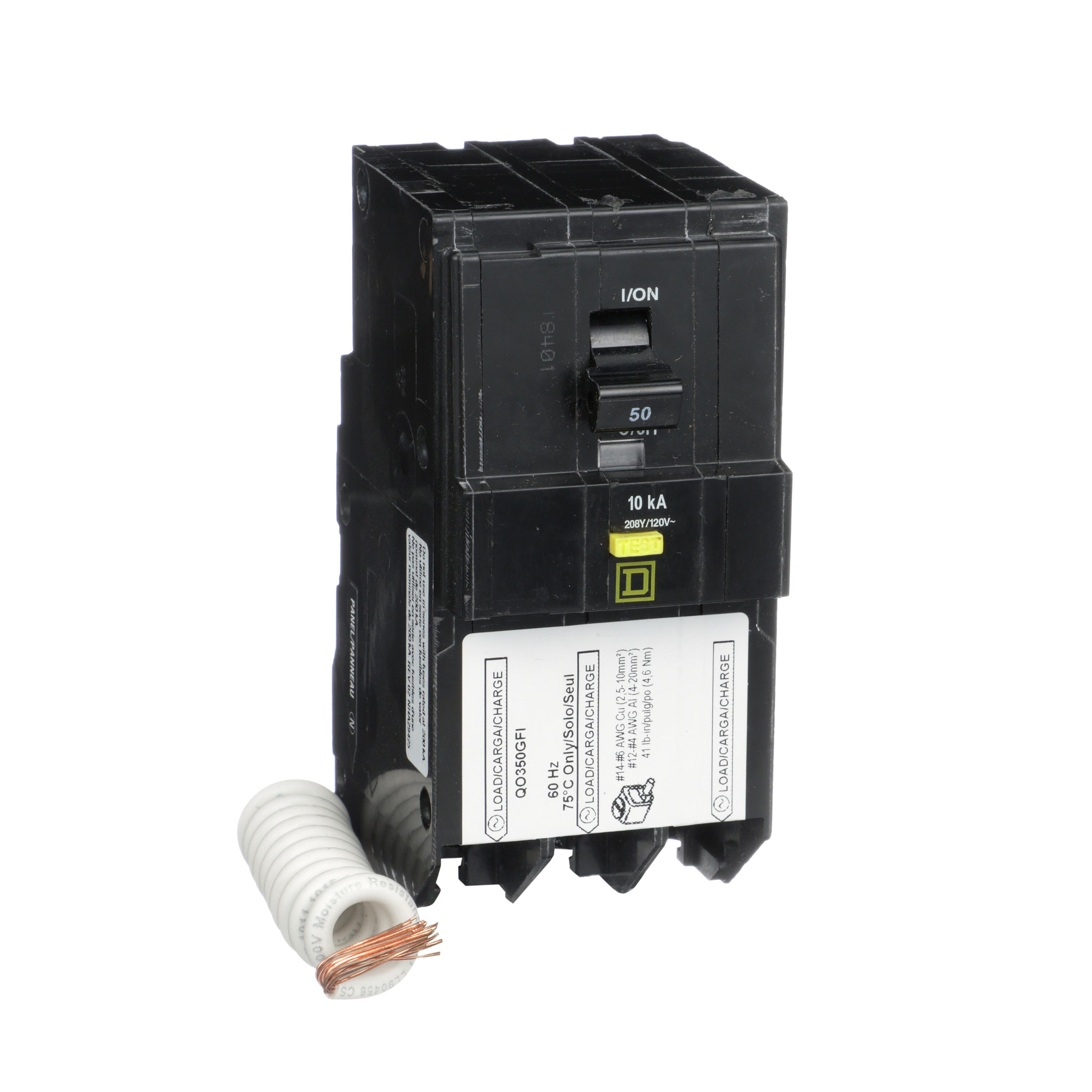 Square D™ QO™ Qwik-Gard® QO350GFI Type QO-GFI Class A Ground Fault Miniature Circuit Breaker, 240 V AC, 50 A, 10 kA Interrupt, 3 Poles, Thermal Magnetic Trip