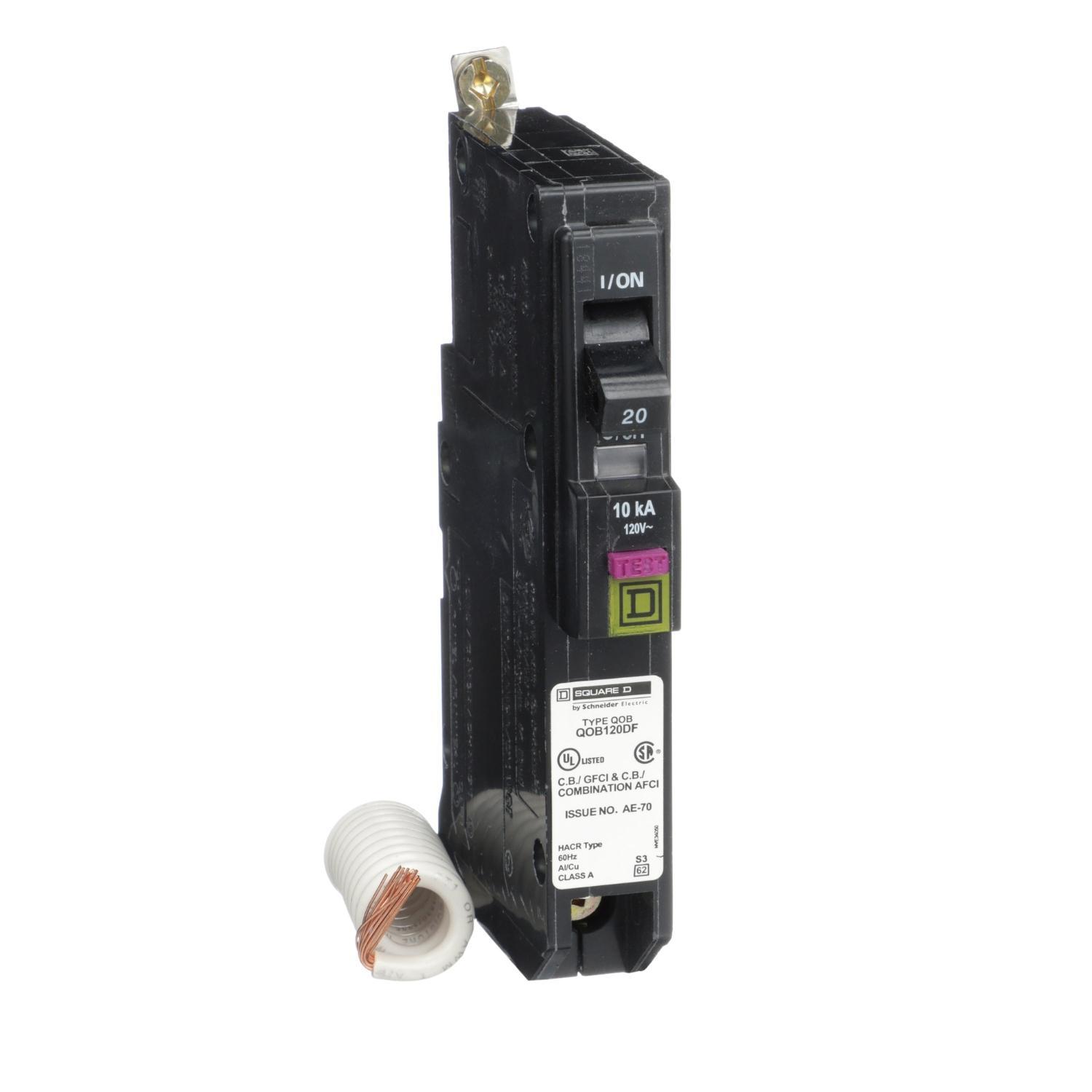 Square D™ QO™ QOB120DF ARC and Ground Fault Combination Miniature Circuit Breaker, 120 V AC, 20 A, 10 kA at 120 V AC Interrupt, 1 Poles, Thermal Magnetic Trip