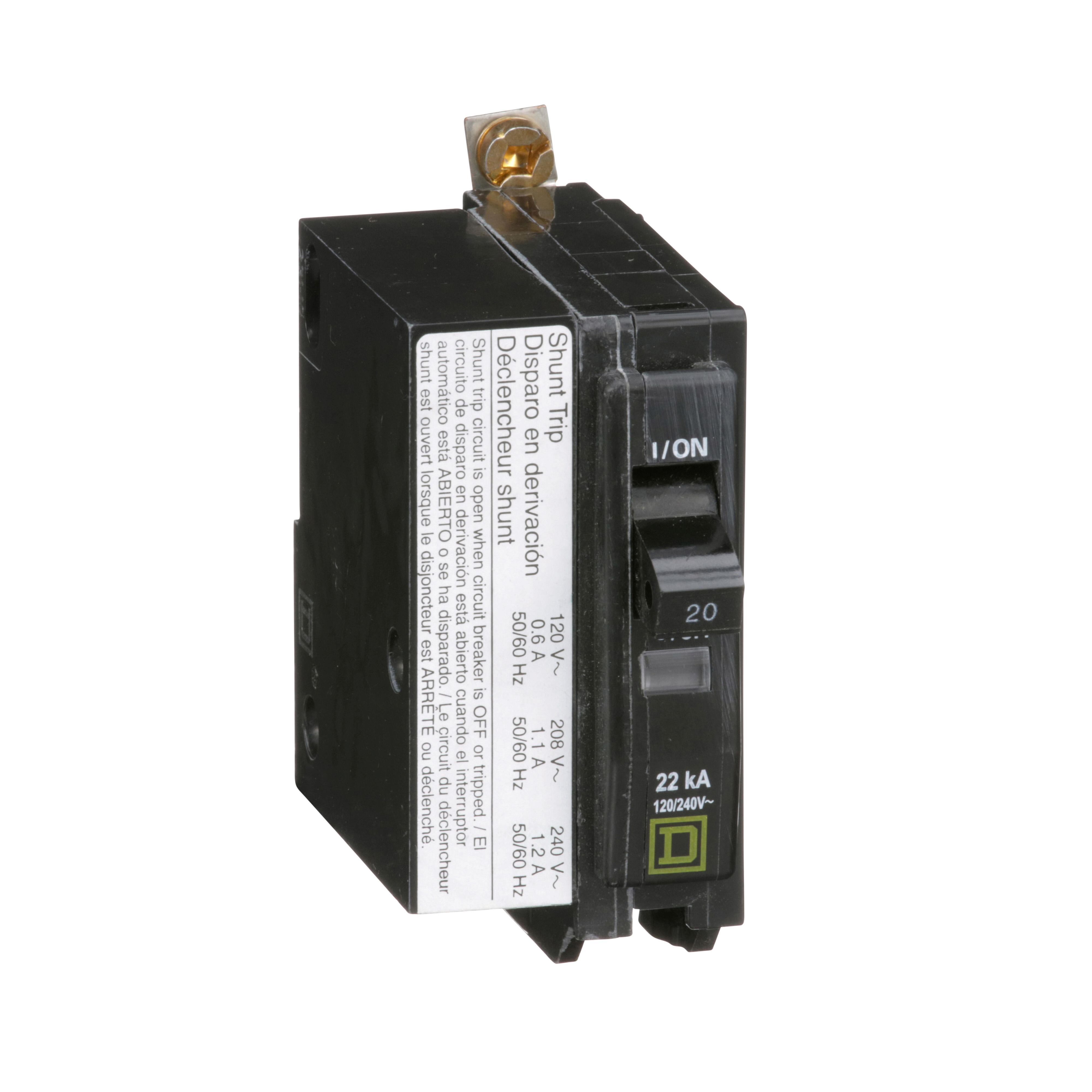 Square D™ QO™ QOB120VH1021 Type QOB-VH Standard Miniature Circuit Breaker, 120/240 V AC, 20 A, 22 kA Interrupt, 1 Pole, Thermal Magnetic Trip