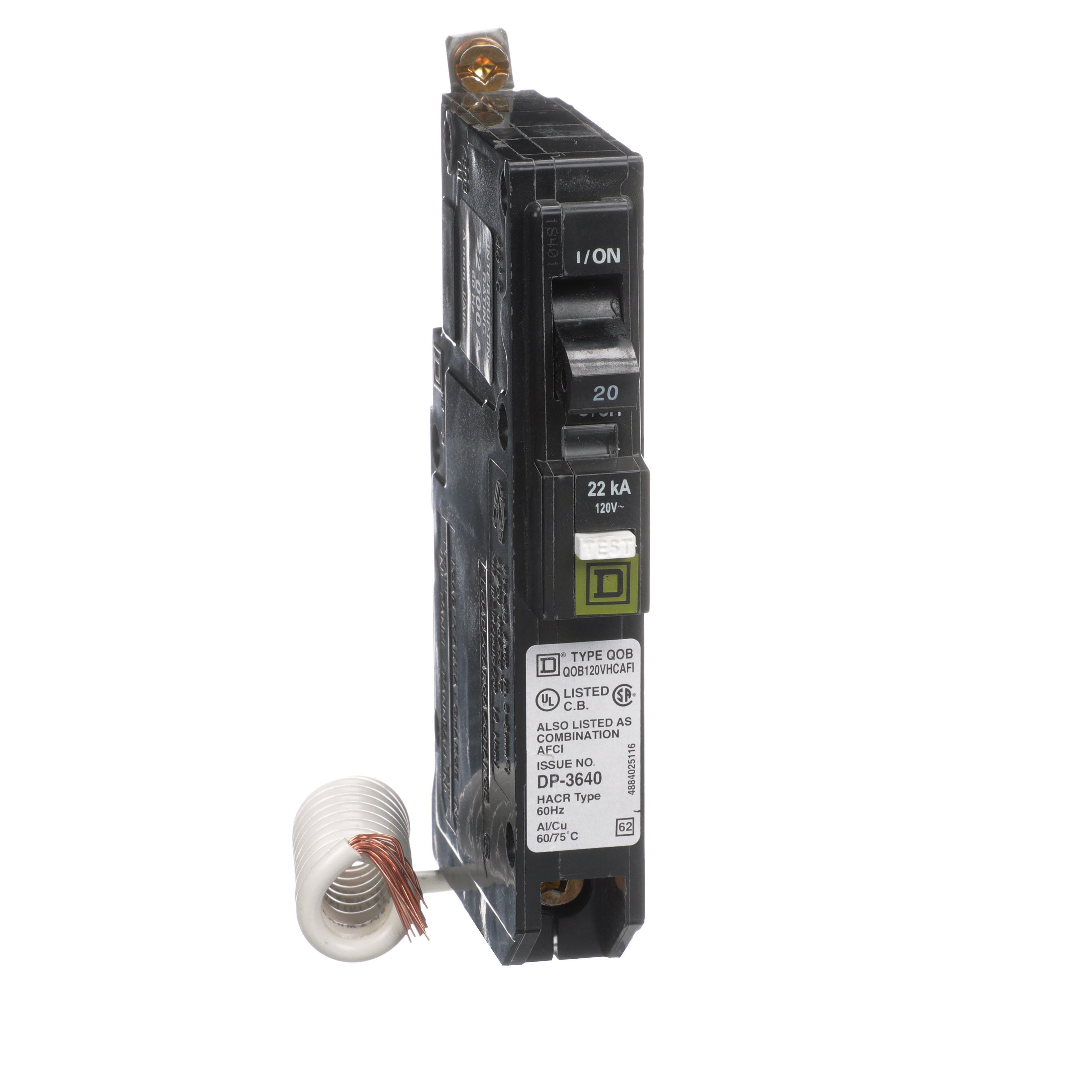 Square D™ QO™ QOB120VHCAFI Type QOB-VHCAFI Combination Miniature Arc Fault Circuit Breaker, 120 V AC, 20 A, 22 kA Interrupt, 1 Poles, Thermal Magnetic Trip