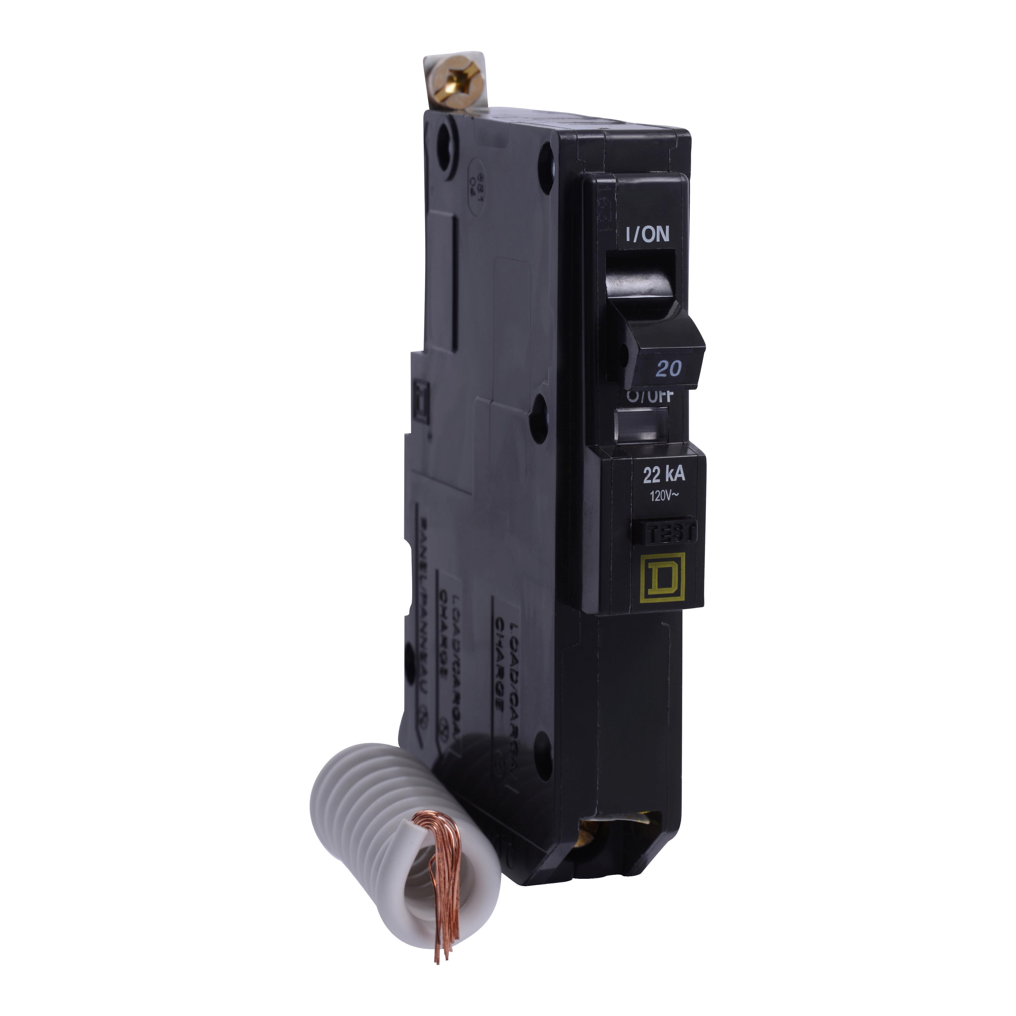 Square D™ QO™ QOB120VHEPD 2-Space Class A Ground Fault Protecting Miniature Circuit Breaker With Visi-Trip™ Indicator, 120 V AC, 20 A, 22 kA Interrupt, 1 Pole