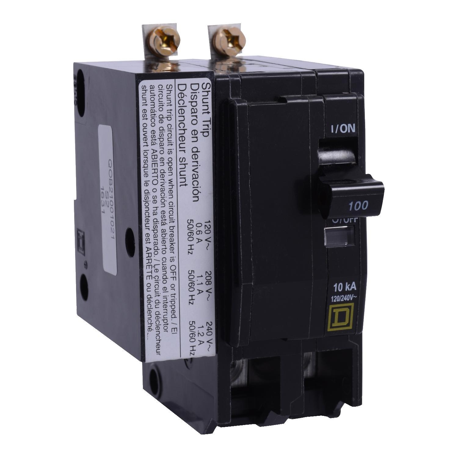 Square D™ QO™ QOB21001021 Type QOB Standard Miniature Circuit Breaker, 120/240 V AC, 100 A, 10 kA Interrupt, 2 Poles, Thermal Magnetic Trip