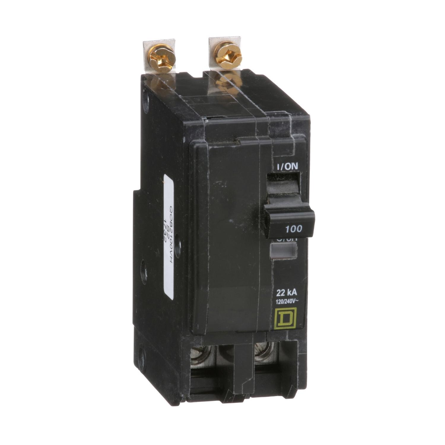 Square D™ QO™ QOB2100VH Standard Miniature Circuit Breaker, 120/240 V AC, 100 A, 22 kA Interrupt, 2 Poles, Thermal Magnetic Trip