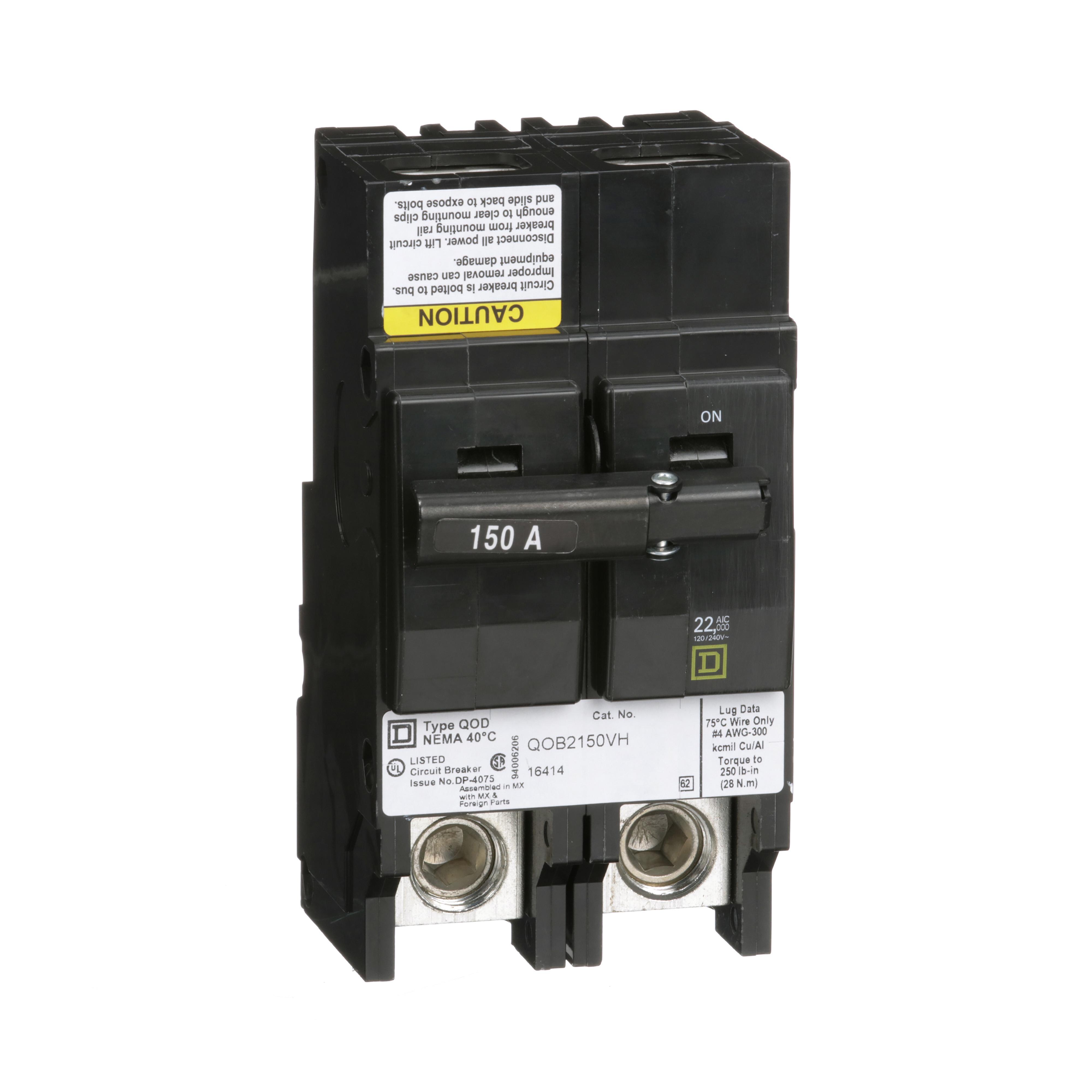 Square D™ QO™ QOB2150VH Type QOB-VH Standard Miniature Circuit Breaker, 120/240 V AC, 150 A, 22 kA Interrupt, 2 Poles, Thermal Magnetic Trip