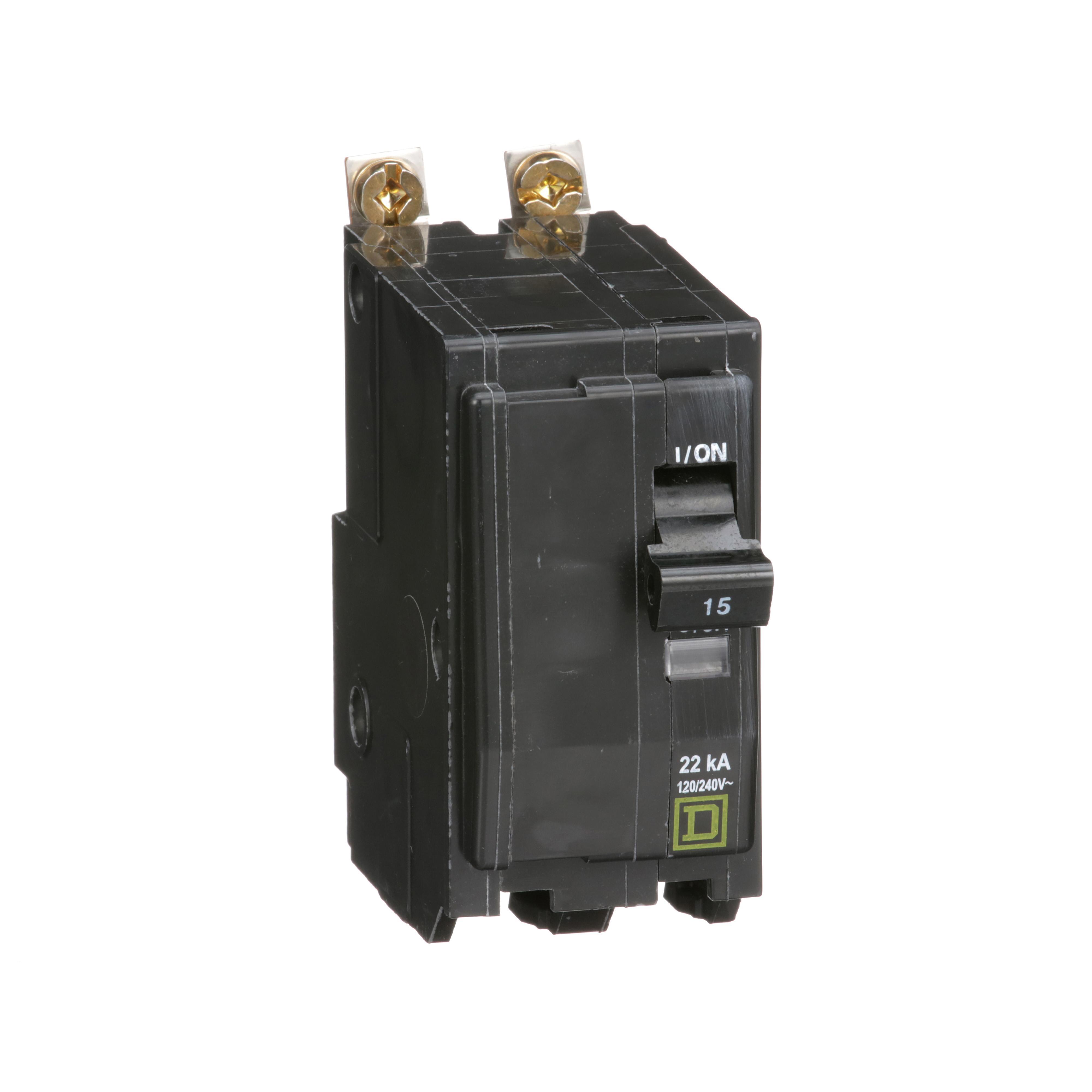 Square D™ QO™ QOB215VH Standard Miniature Circuit Breaker, 120/240 V AC, 15 A, 22 kA Interrupt, 2 Poles, Thermal Magnetic Trip