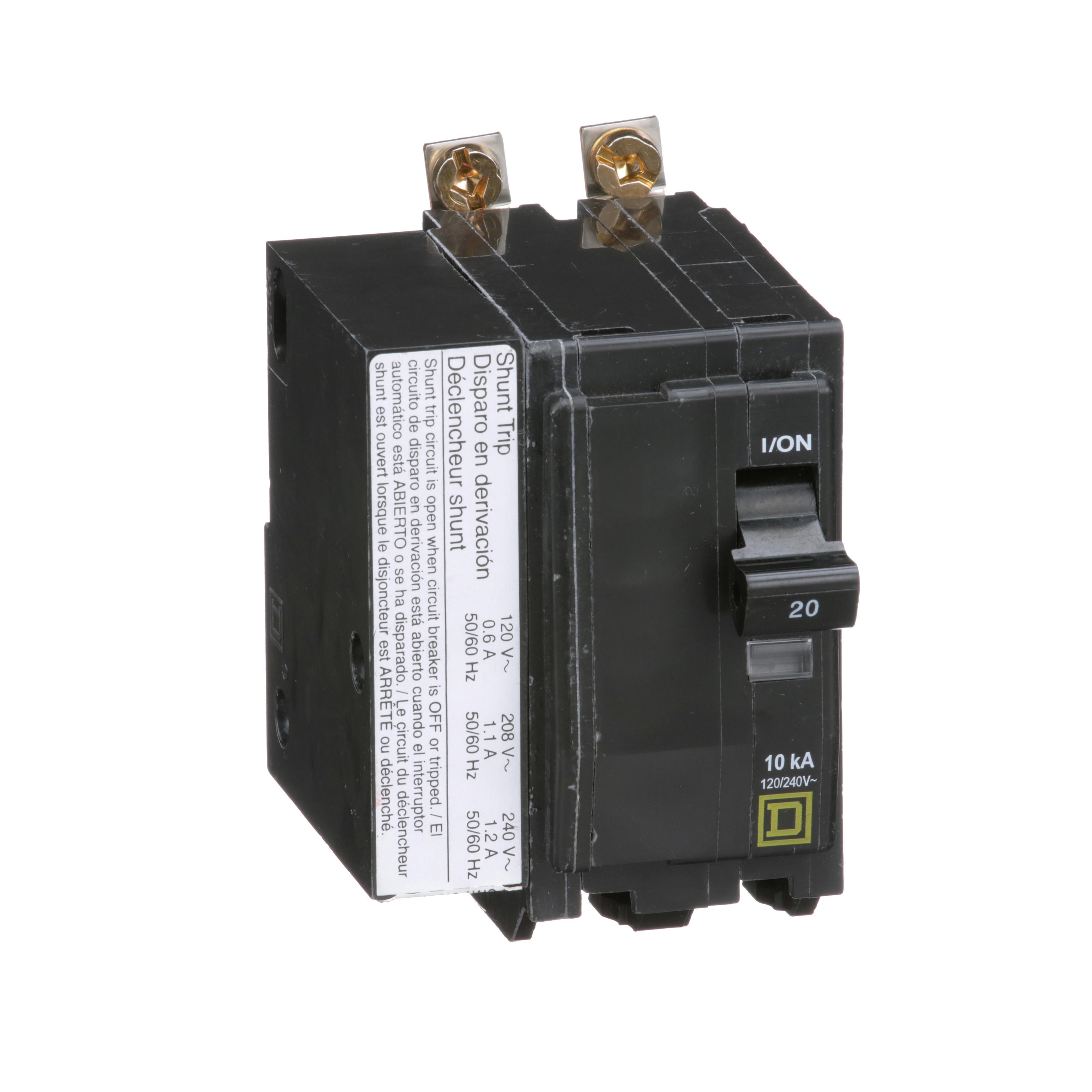 Square D™ QO™ QOB2201021 Standard Miniature Circuit Breaker, 120/240 V AC, 20 A, 10 kA Interrupt, 2 Poles, Thermal Magnetic Trip