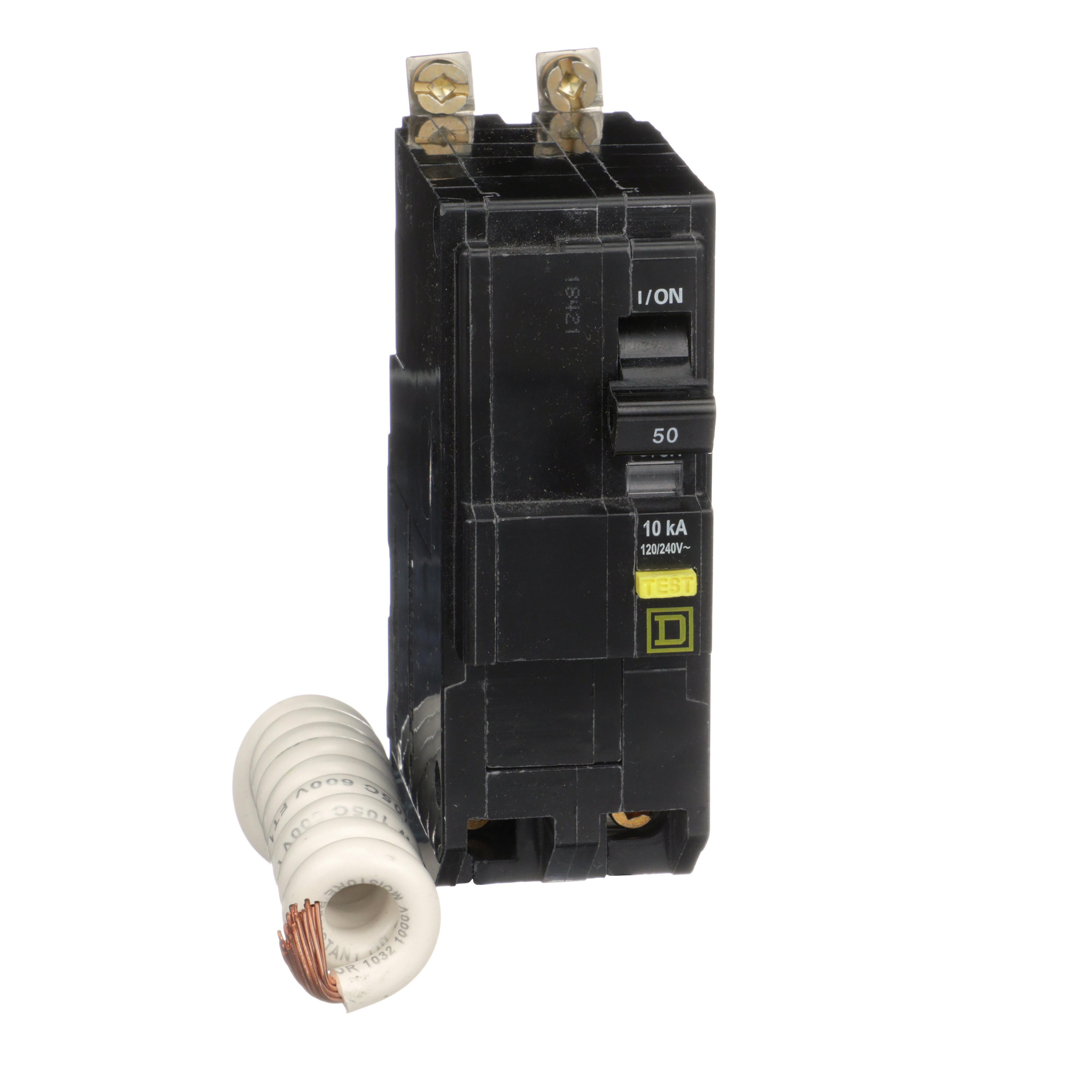 Square D™ QO™ QOB250GFI Class A Ground Fault Protecting Miniature Circuit Breaker, 120/240 V AC, 50 A, 10 kA Interrupt, 2 Poles, Thermal Magnetic Trip