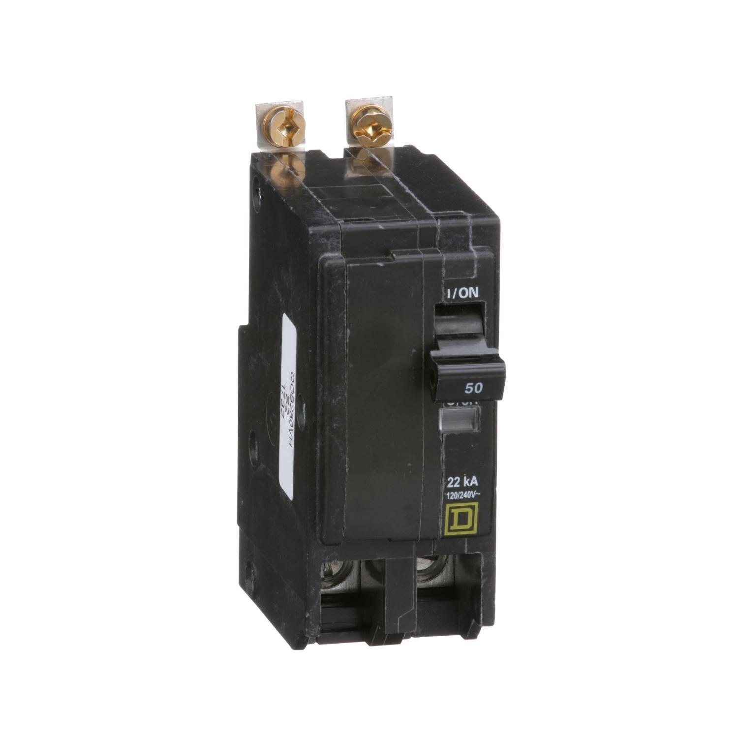 Square D™ QO™ QOB250VH Standard Miniature Circuit Breaker, 120/240 V AC, 50 A, 22 kA Interrupt, 2 Poles, Thermal Magnetic Trip