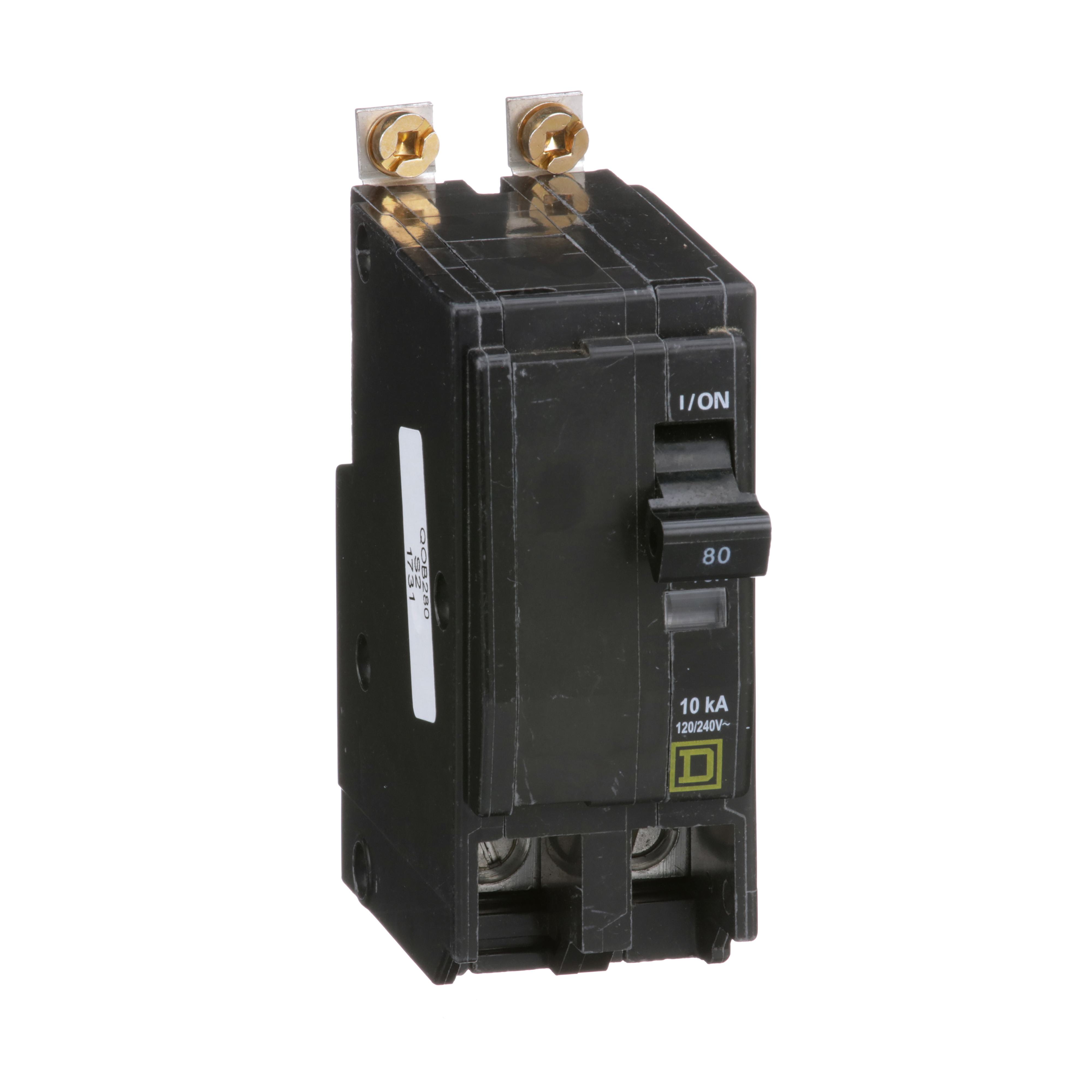 Square D™ QOB280 Standard Miniature Circuit Breaker, 120/240 V AC, 80 A, 10 kA Interrupt, 2 Poles, Thermal Magnetic Trip