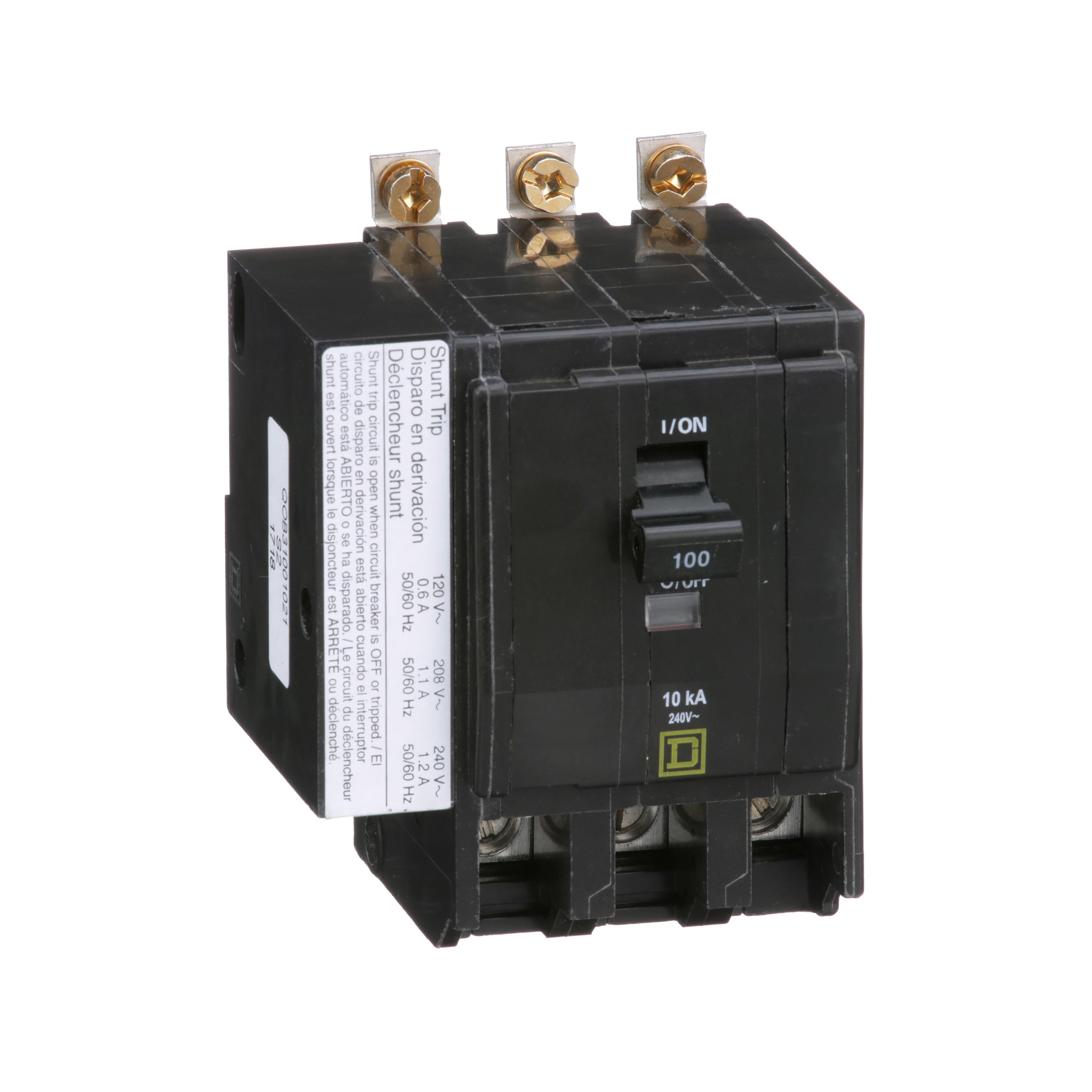 Square D™ QO™ QOB31001021 Standard Miniature Circuit Breaker, 240 V AC, 100 A, 10 kA Interrupt, 3 Poles, Thermal Magnetic Trip