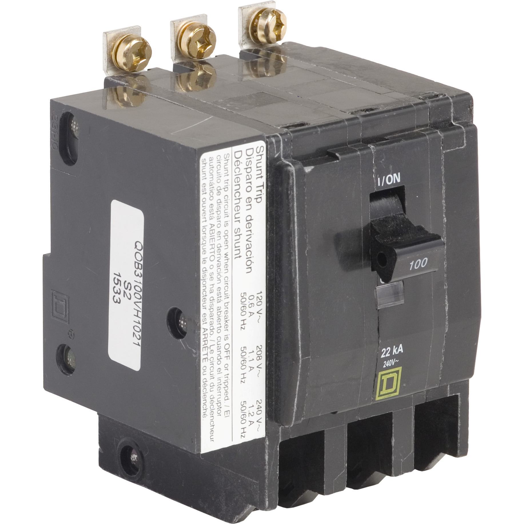 Square D™ QO™ QOB3100VH1021 Type QOB-VH Standard Miniature Circuit Breaker, 240 V AC, 100 A, 22 kA Interrupt, 3 Poles, Thermal Magnetic Trip