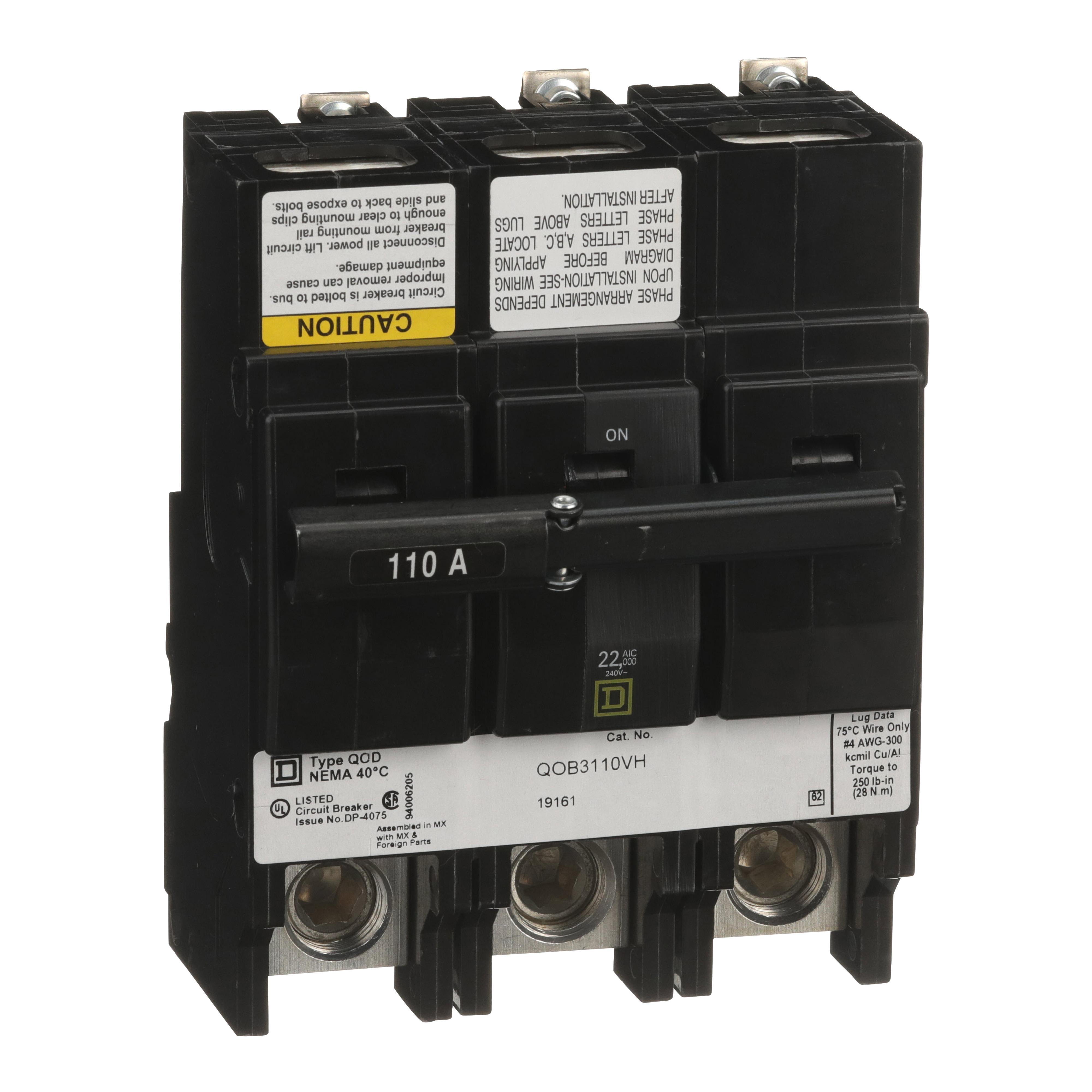 Square D™ QO™ QOB3110VH Type QOB-VH Standard Miniature Circuit Breaker, 240 V AC, 110 A, 22 kA Interrupt, 3 Poles, Thermal Magnetic Trip