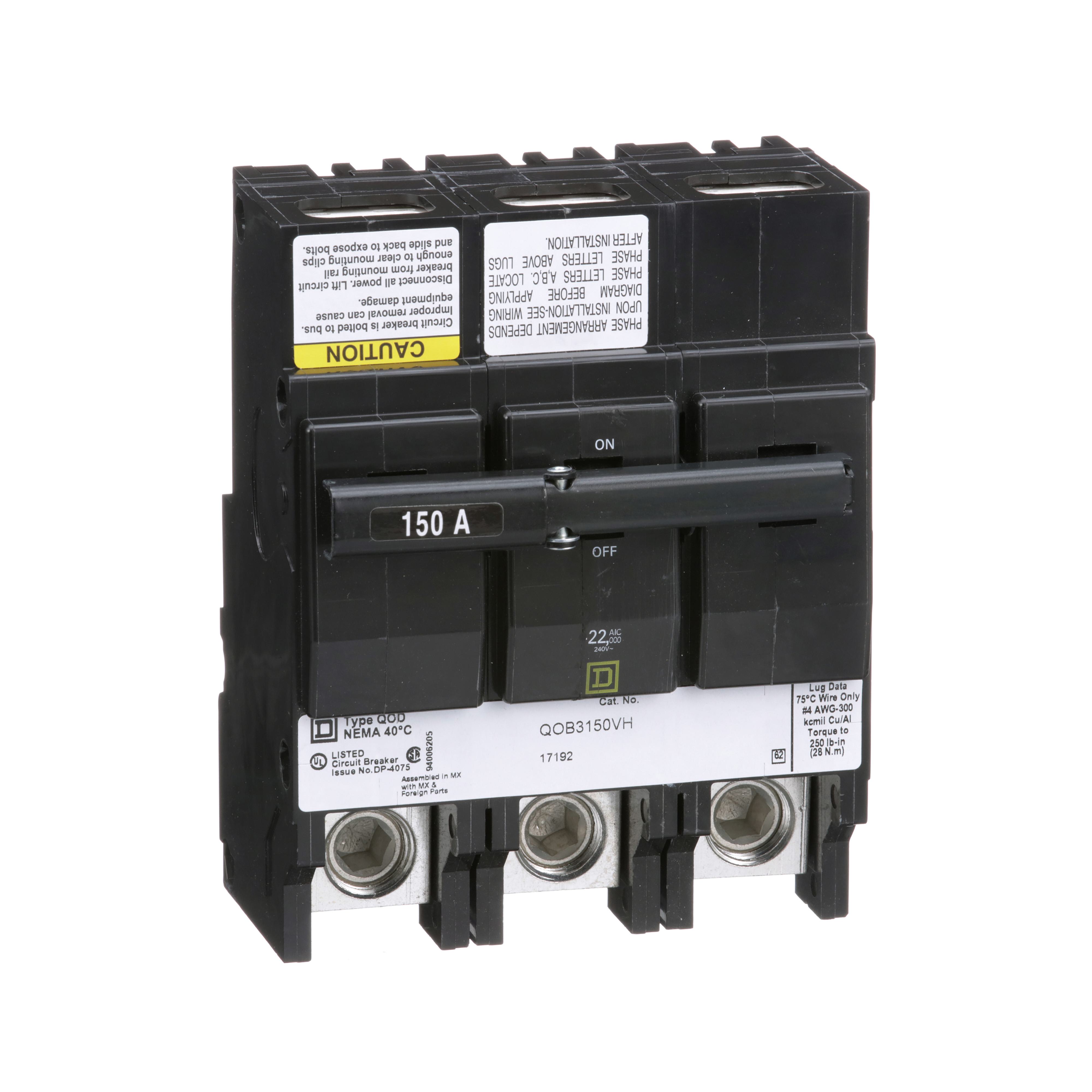Square D™ QOB3150VH Standard Miniature Circuit Breaker, 240 V AC, 150 A, 22 kA Interrupt, 3 Poles, Thermal Magnetic Trip
