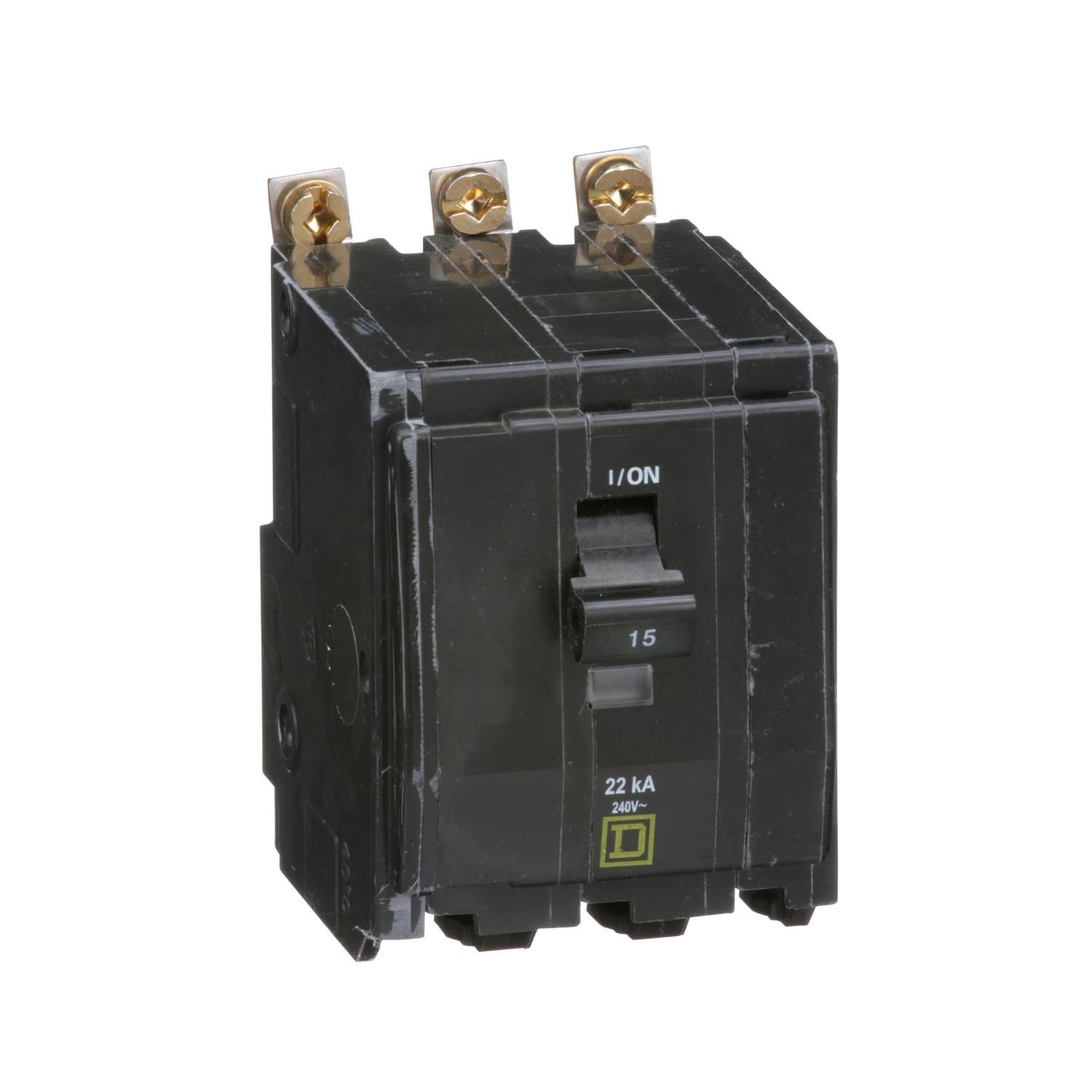 Square D™ QO™ QOB315VH Standard Miniature Circuit Breaker, 240 V AC, 15 A, 22 kA Interrupt, 3 Poles, Thermal Magnetic Trip
