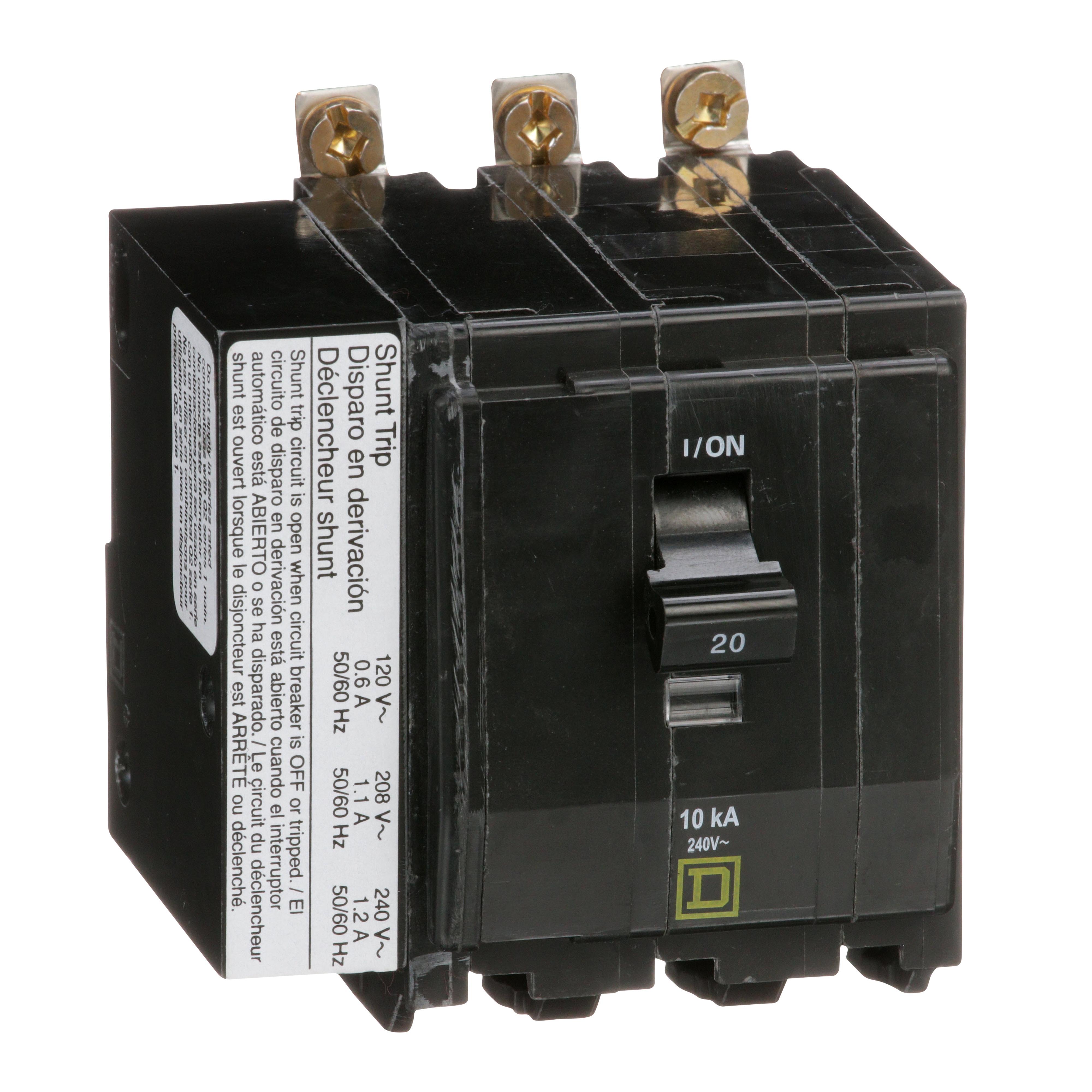 Square D™ QO™ QOB3201021 Standard Miniature Circuit Breaker, 240 V AC, 20 A, 10 kA Interrupt, 3 Poles, Thermal Magnetic Trip