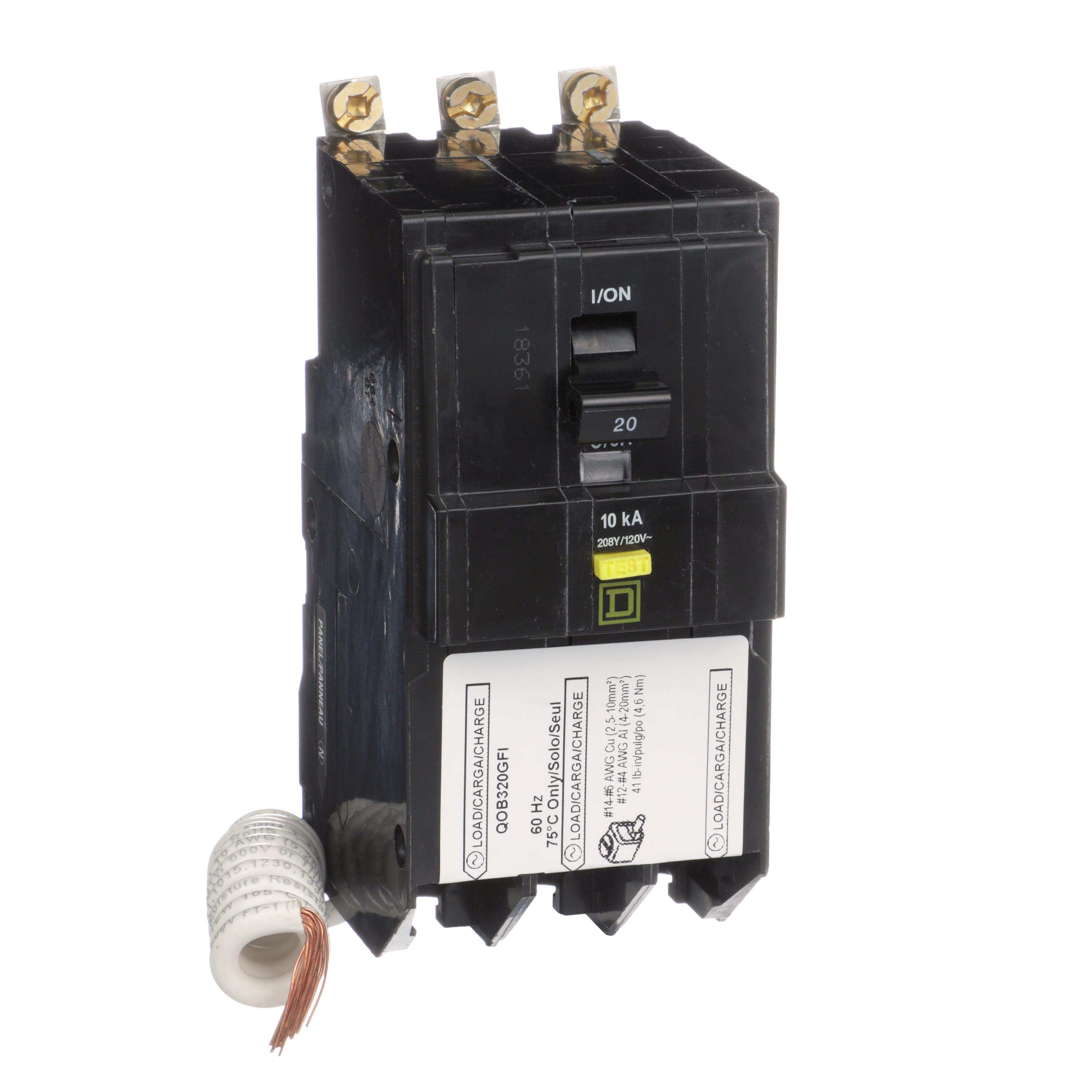 Square D™ QO™ QOB320GFI Type QOB-GFI Class A Ground Fault Miniature Circuit Breaker, 208Y/120 V AC, 20 A, 10 kA at 208Y/120 VAC Interrupt, 3 Poles, Thermal Magnetic Trip