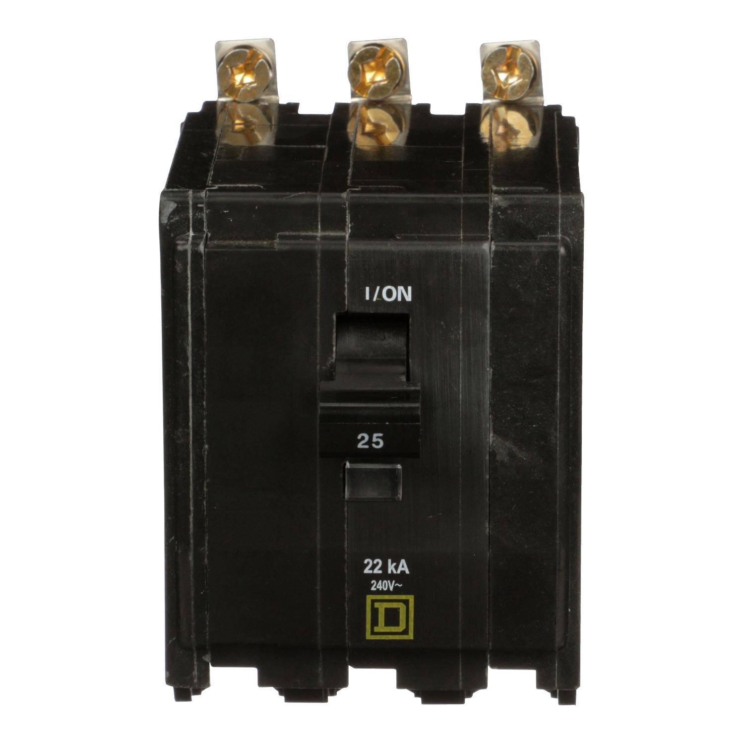 Square D™ QO™ QOB325VH Type QOB-VH Standard Miniature Circuit Breaker, 240 V AC, 25 A, 22 kA Interrupt, 3 Poles, Thermal Magnetic Trip