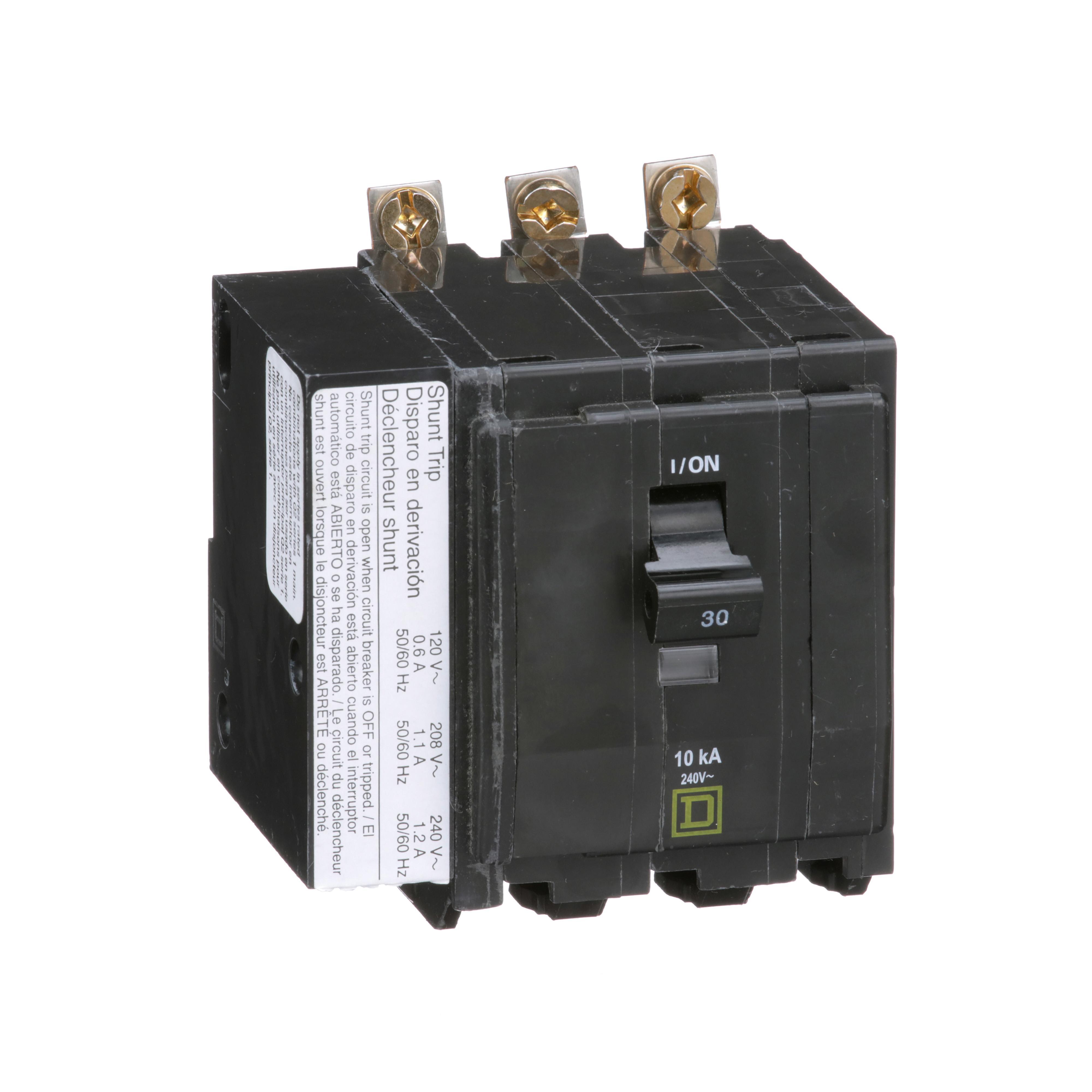 Square D™ QO™ QOB3301021 Standard Miniature Circuit Breaker, 240 V AC, 30 A, 10 kA Interrupt, 3 Poles, Thermal Magnetic Trip