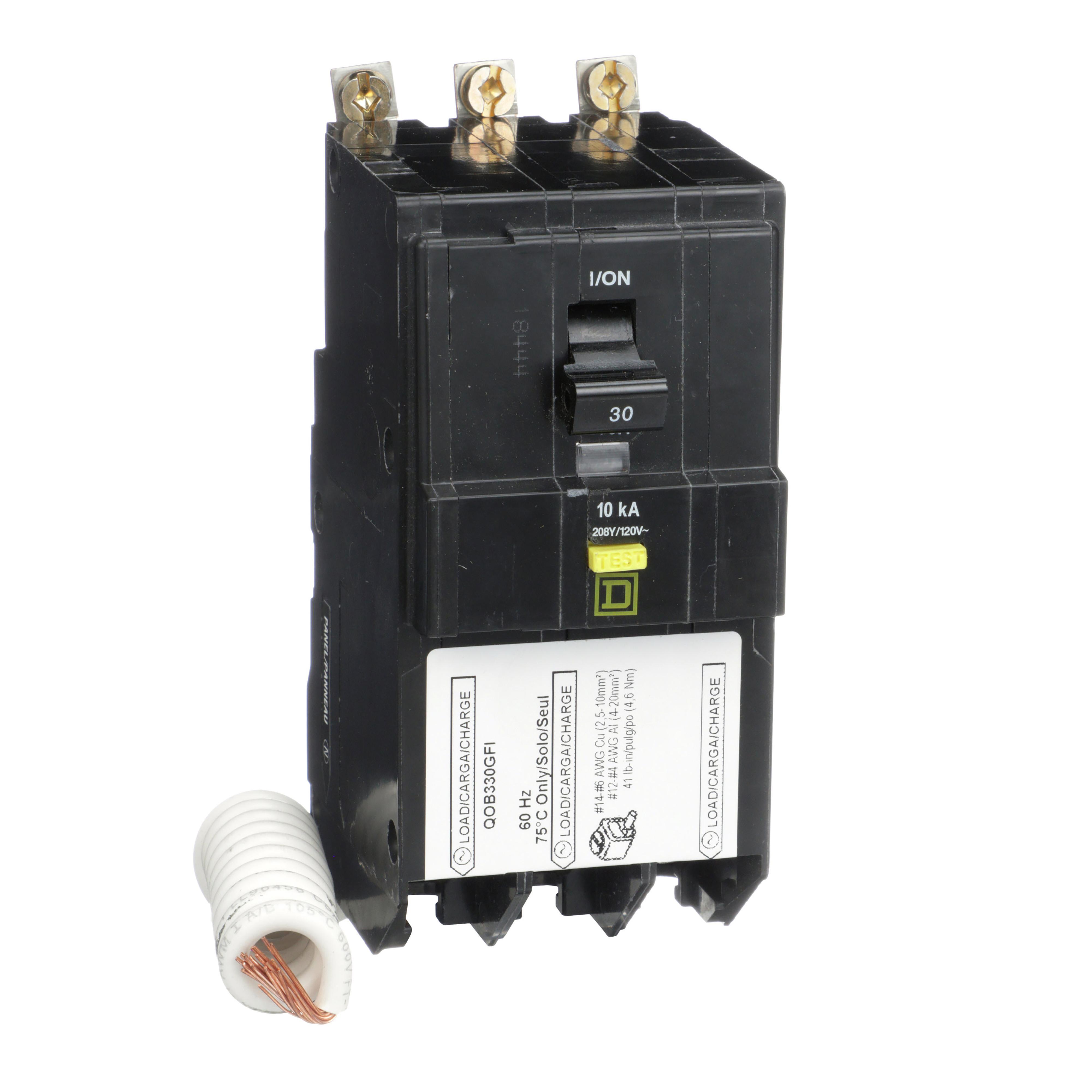 Square D™ QO™ QOB330GFI Type QOB-GFI Class A Ground Fault Miniature Circuit Breaker, 208Y/120 V AC, 30 A, 10 kA Interrupt, 3 Poles, Thermal Magnetic Trip