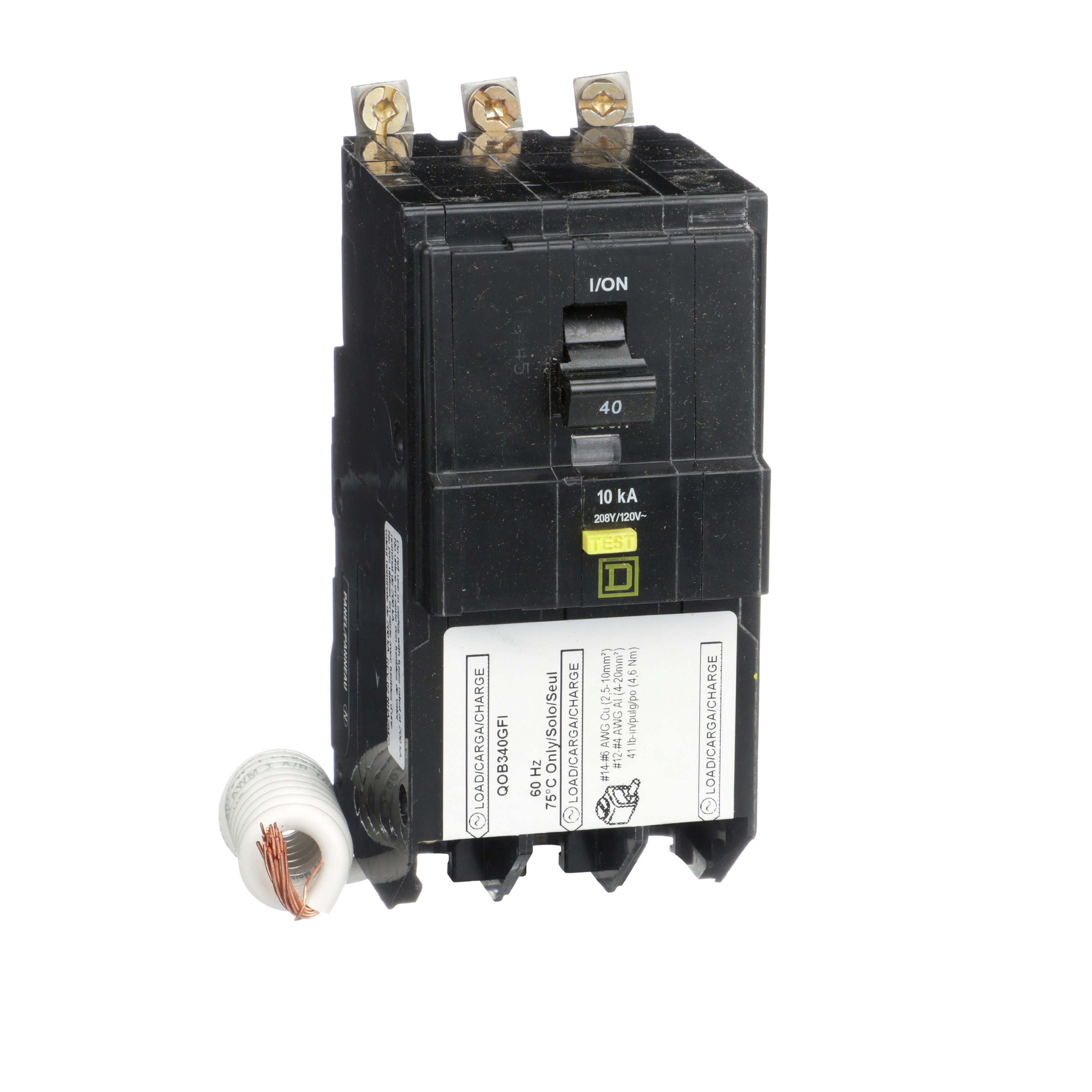 Square D™ QO™ QOB340GFI QO Series Miniature Circuit Breaker, 208Y/120 V AC, 40 A, 10 kA at 208Y/120 V AC Interrupt, 3 Poles