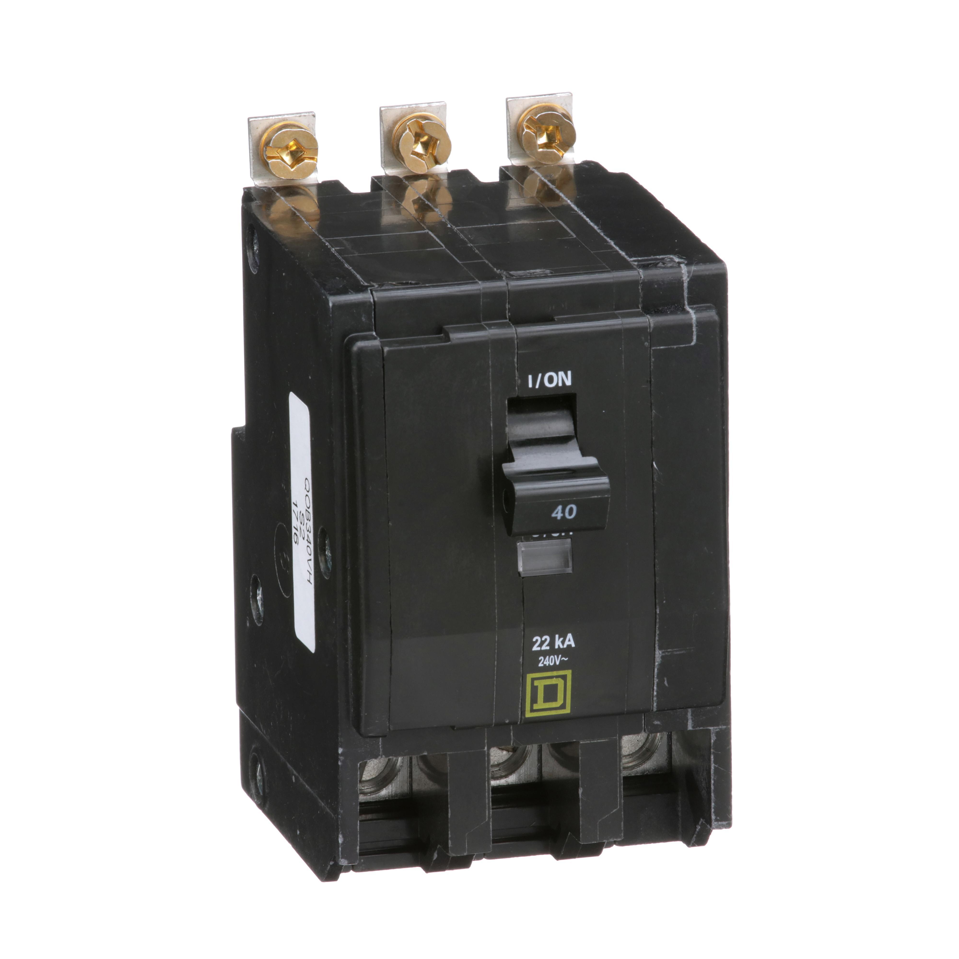Square D™ QO™ QOB340VH Standard Miniature Circuit Breaker, 240 V AC, 40 A, 22 kA Interrupt, 3 Poles, Thermal Magnetic Trip