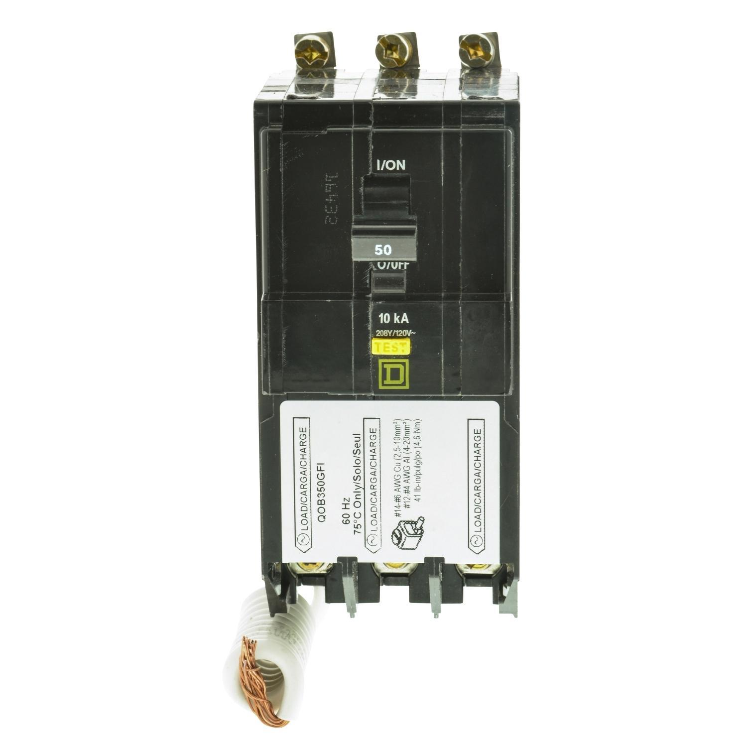 Square D™ QO™ QOB350GFI Type QOB-GFI Class A Ground Fault Miniature Circuit Breaker, 208Y/120 V AC, 50 A, 10 kA Interrupt, 3 Poles, Thermal Magnetic Trip