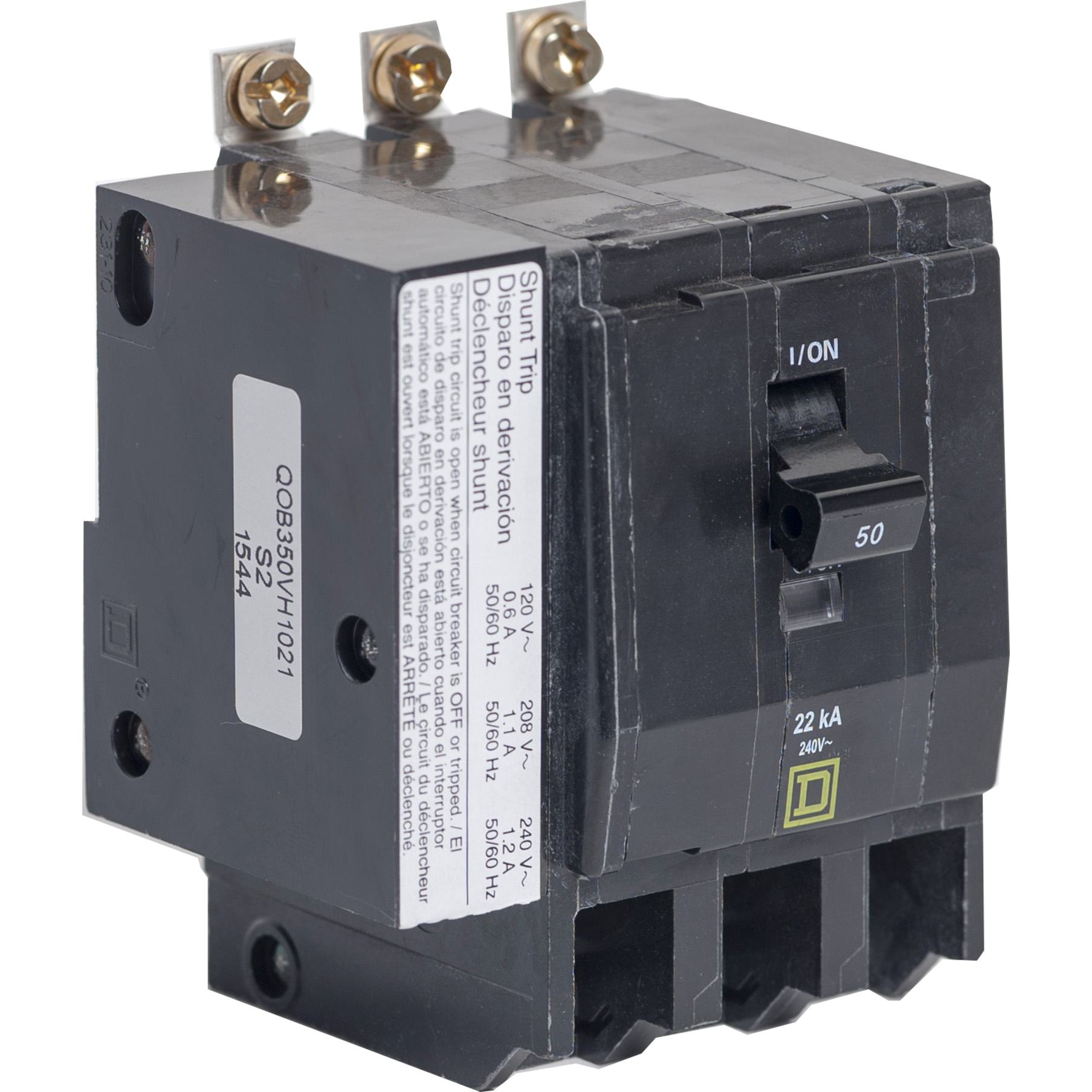 Square D™ QO® QOB350VH1021 Type QOB-VH Standard Miniature Circuit Breaker, 120/240 V AC, 50 A, 22 kA Interrupt, 3 Poles, Thermal Magnetic Trip