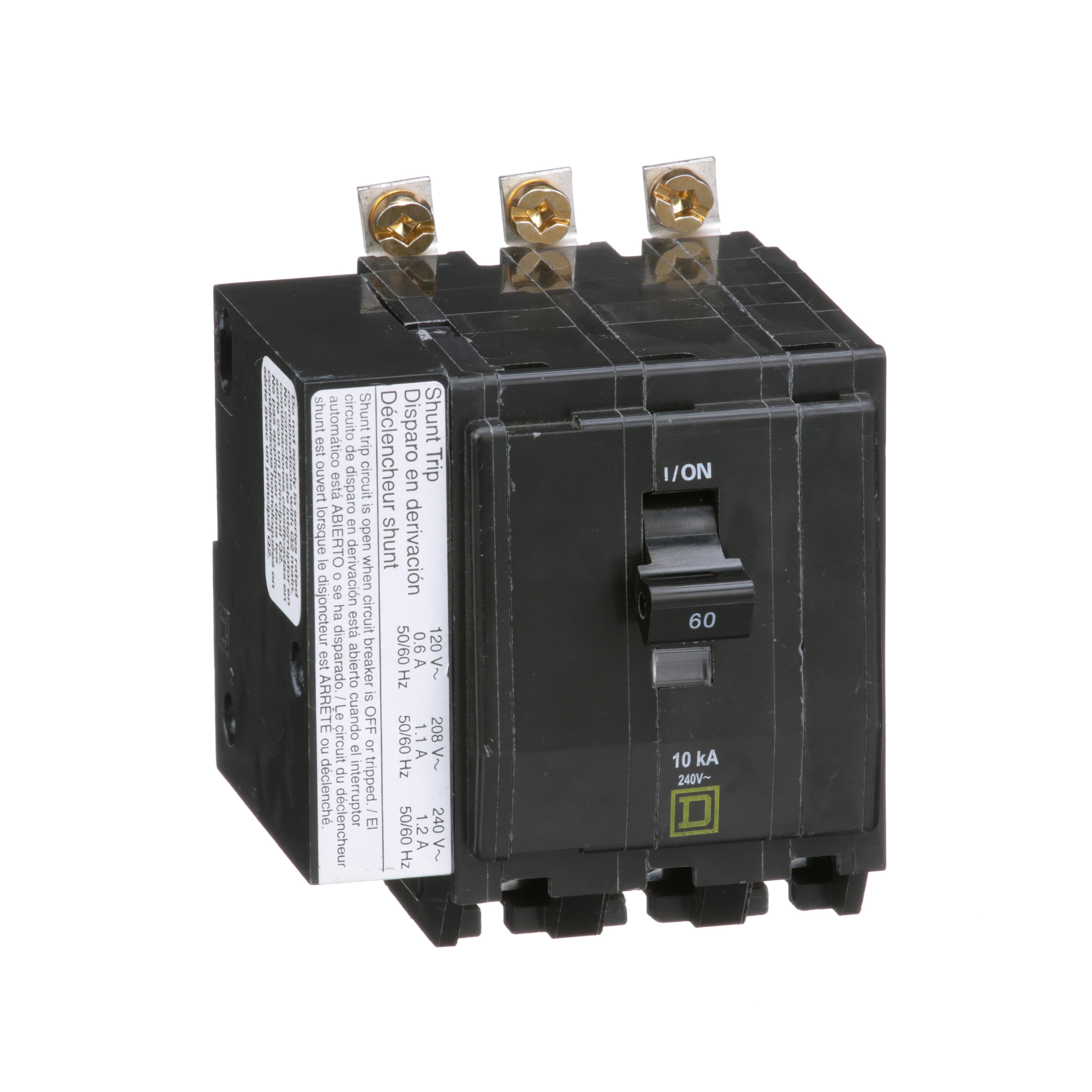 Square D™ QO™ QOB3601021 Standard Miniature Circuit Breaker, 240 V AC, 60 A, 10 kA Interrupt, 3 Poles, Thermal Magnetic Trip