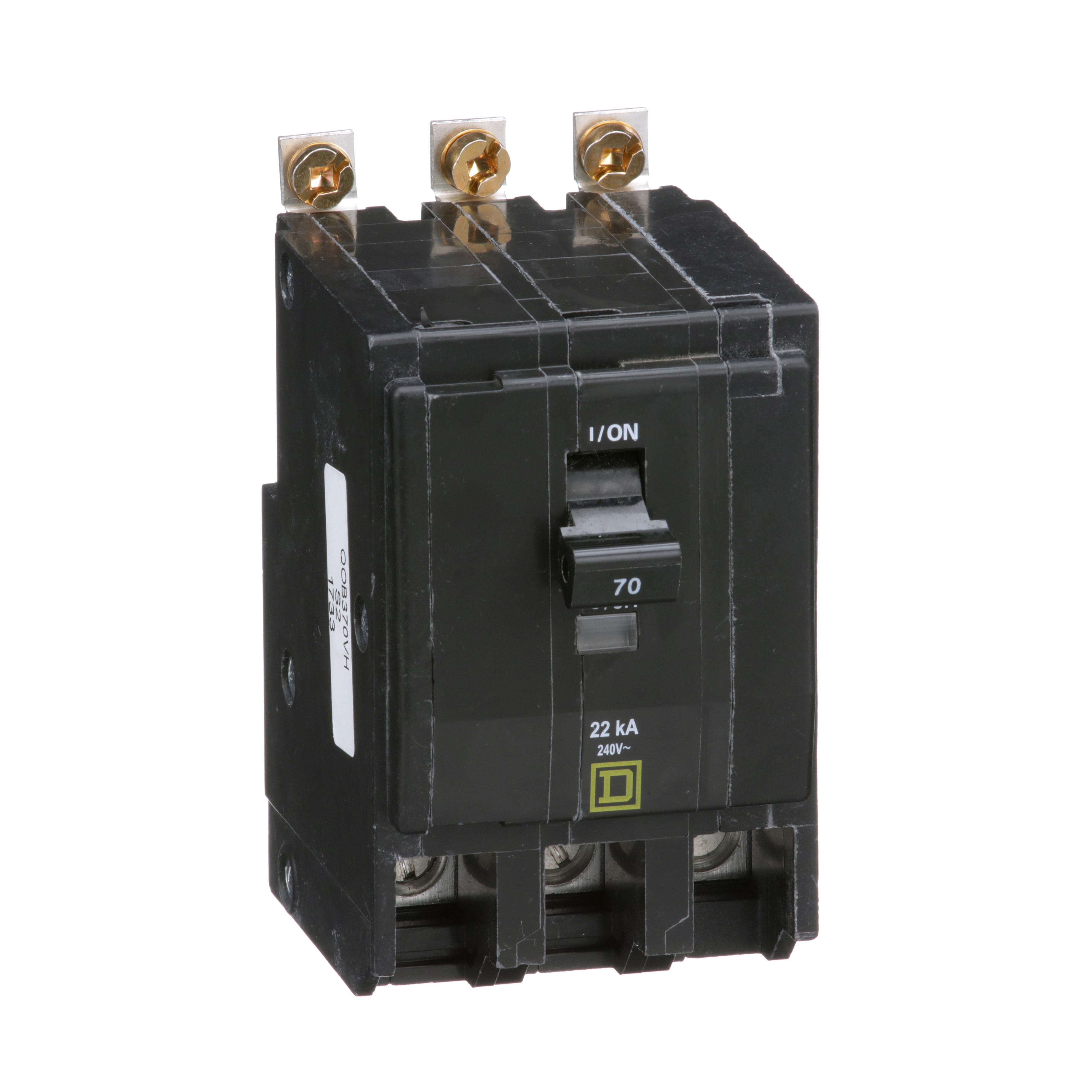 Square D™ QO™ QOB370VH Type QOB-VH Standard Miniature Circuit Breaker, 240 V AC, 70 A, 22 kA Interrupt, 3 Poles, Thermal Magnetic Trip