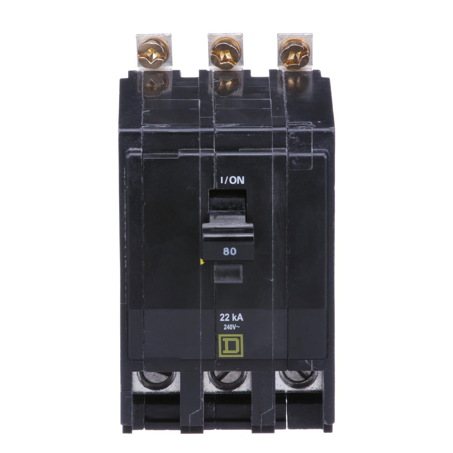 Square D™ QO™ QOB380VH Standard Miniature Circuit Breaker, 240 V AC, 80 A, 22 kA Interrupt, 3 Poles, Thermal Magnetic Trip
