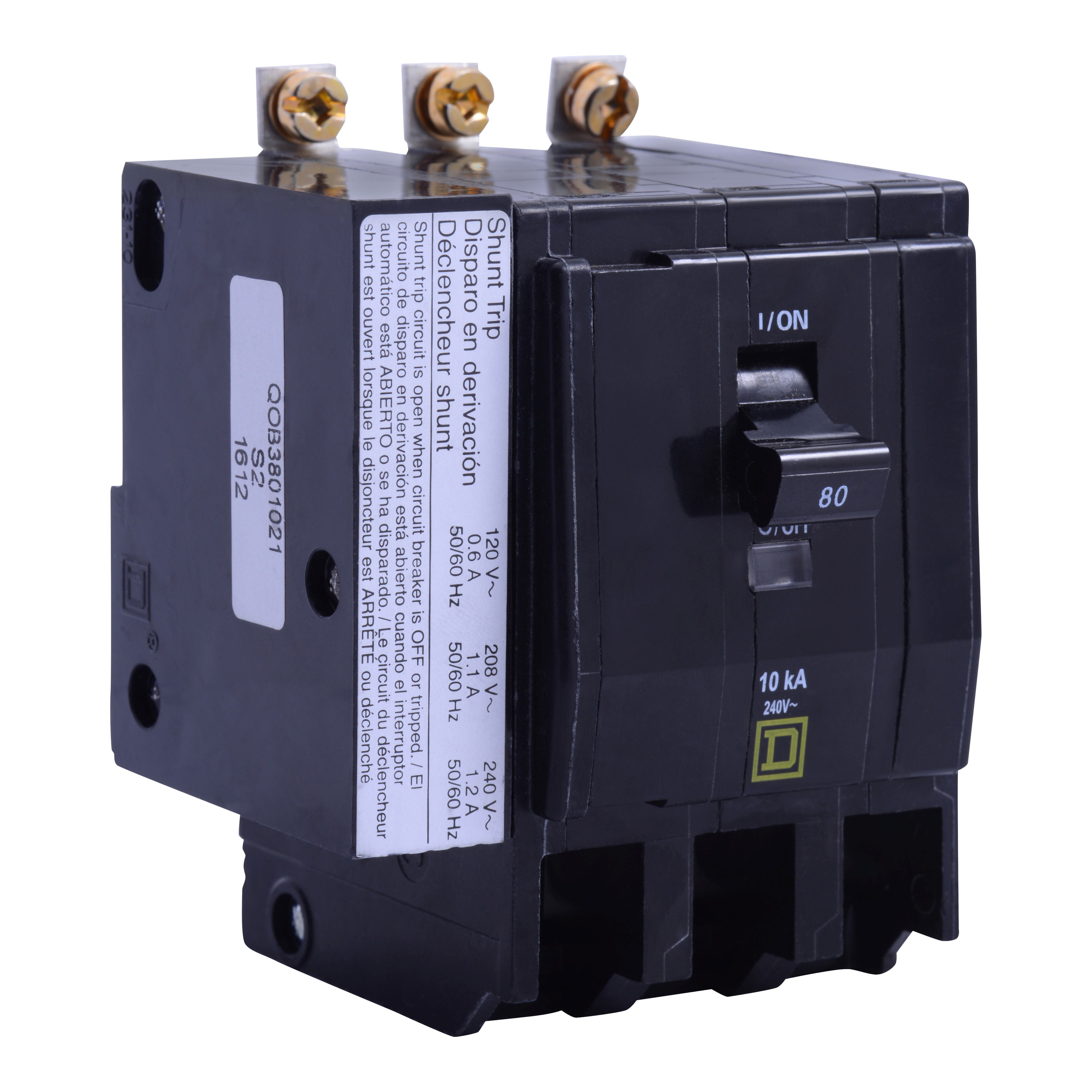Square D™ QO™ QOB3901021 Type QOB Standard Miniature Circuit Breaker, 240 V AC, 90 A, 10 kA Interrupt, 3 Poles, Thermal Magnetic Trip