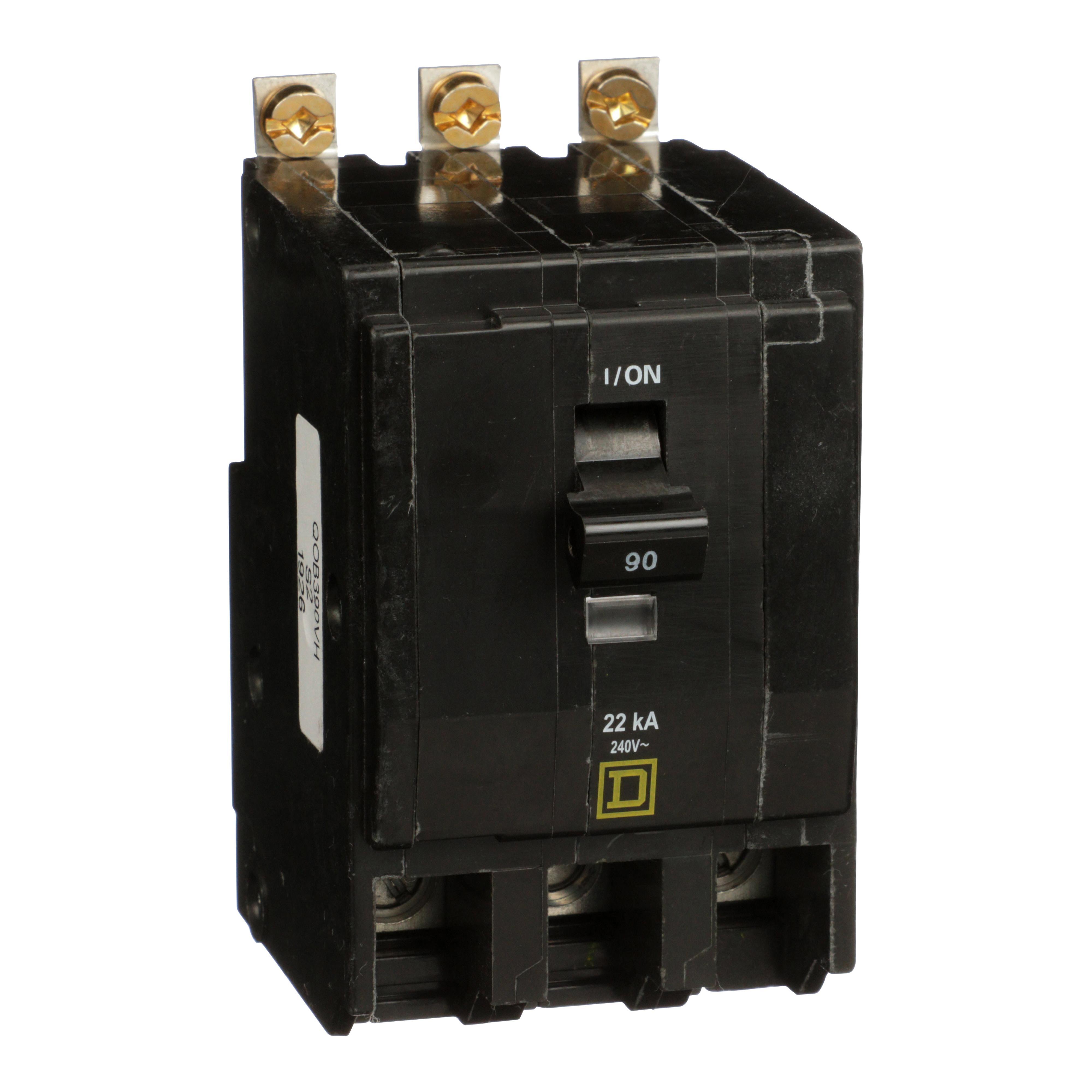 Square D™ QO™ QOB390VH Standard Miniature Circuit Breaker, 240 V AC, 90 A, 22 kA Interrupt, 3 Poles, Thermal Magnetic Trip