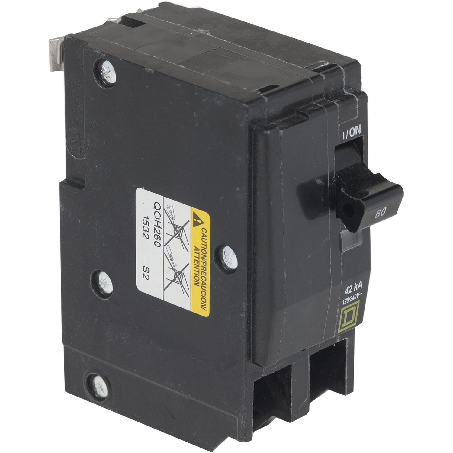 Square D™ QO™ QOH260 Type QO-H Standard Miniature Circuit Breaker, 120/240 V AC, 60 A, 42 kA Interrupt, 2 Poles, Thermal Magnetic Trip
