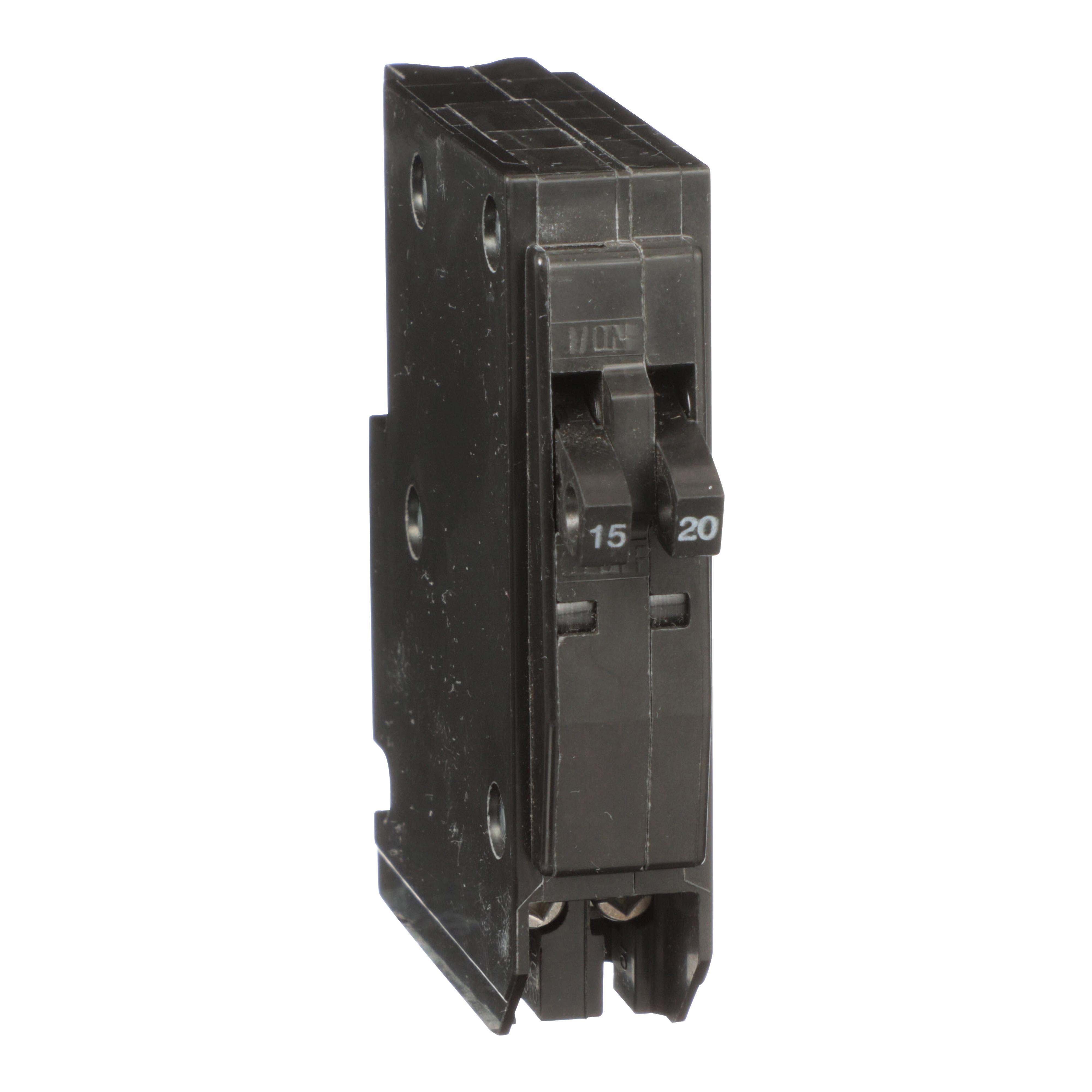 Square D™ QO™ QOT1520 Tandem Miniature Circuit Breaker, 120/240 V AC, 15/20 A, 10 kA Interrupt, 1 Pole, Thermal Magnetic Trip