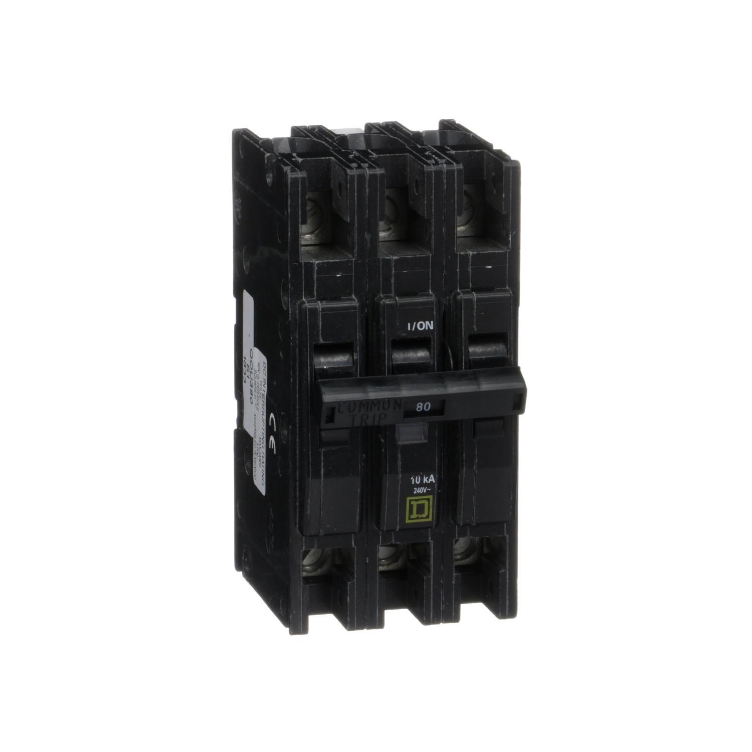 Square D™ QO® QOU380 Type QOU Standard Unit Mount Miniature Circuit Breaker, 240 V AC, 80 A, 10 kA Interrupt, 3 Poles, Thermal Magnetic Trip