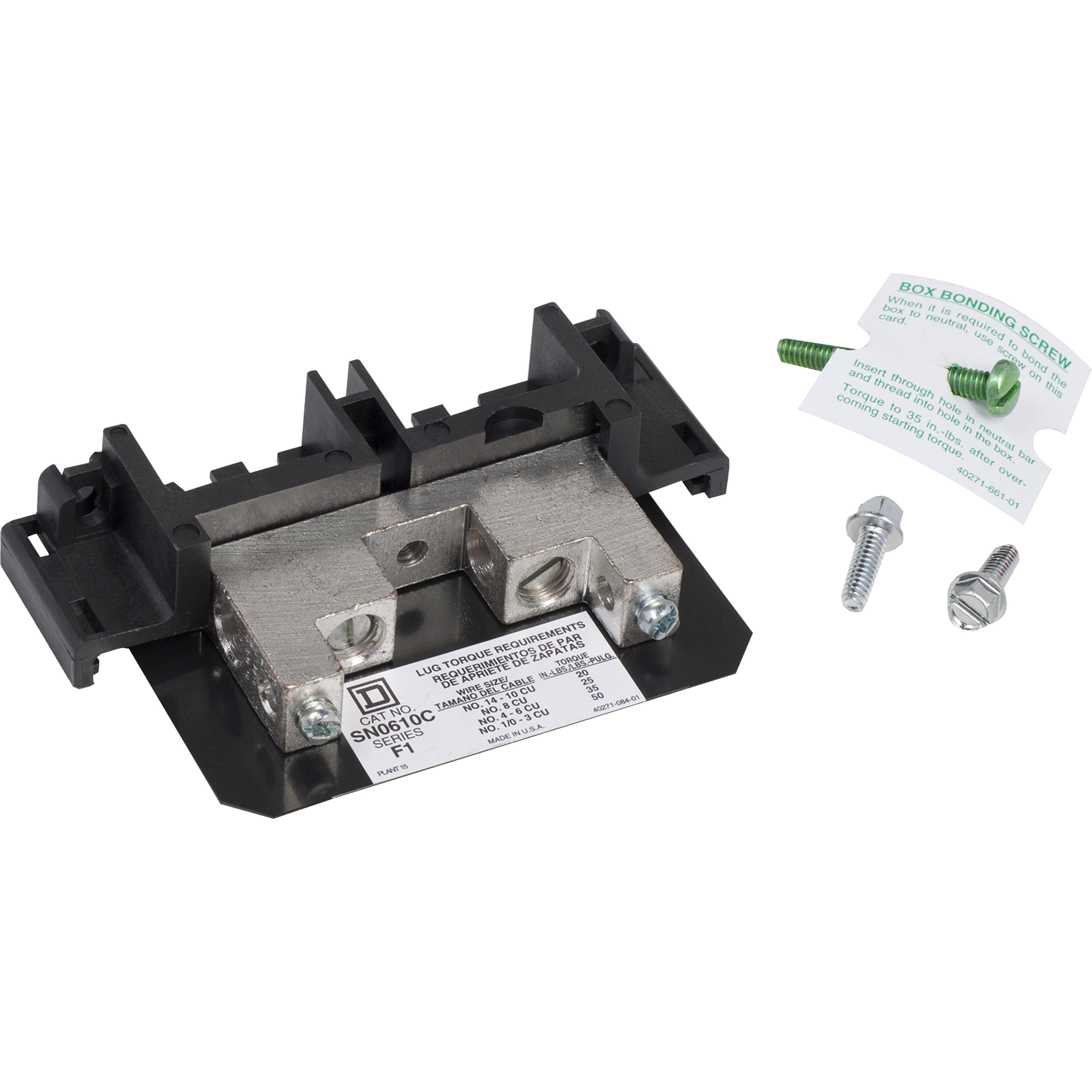 Square D™ Telemecanique SN0610C Groundable Insulated Solid Neutral Assembly, For Use With F5-F6 Series 60 to 100 A Safety Switch, 240/600 V AC, 14 to 1/0 AWG Cu Wire