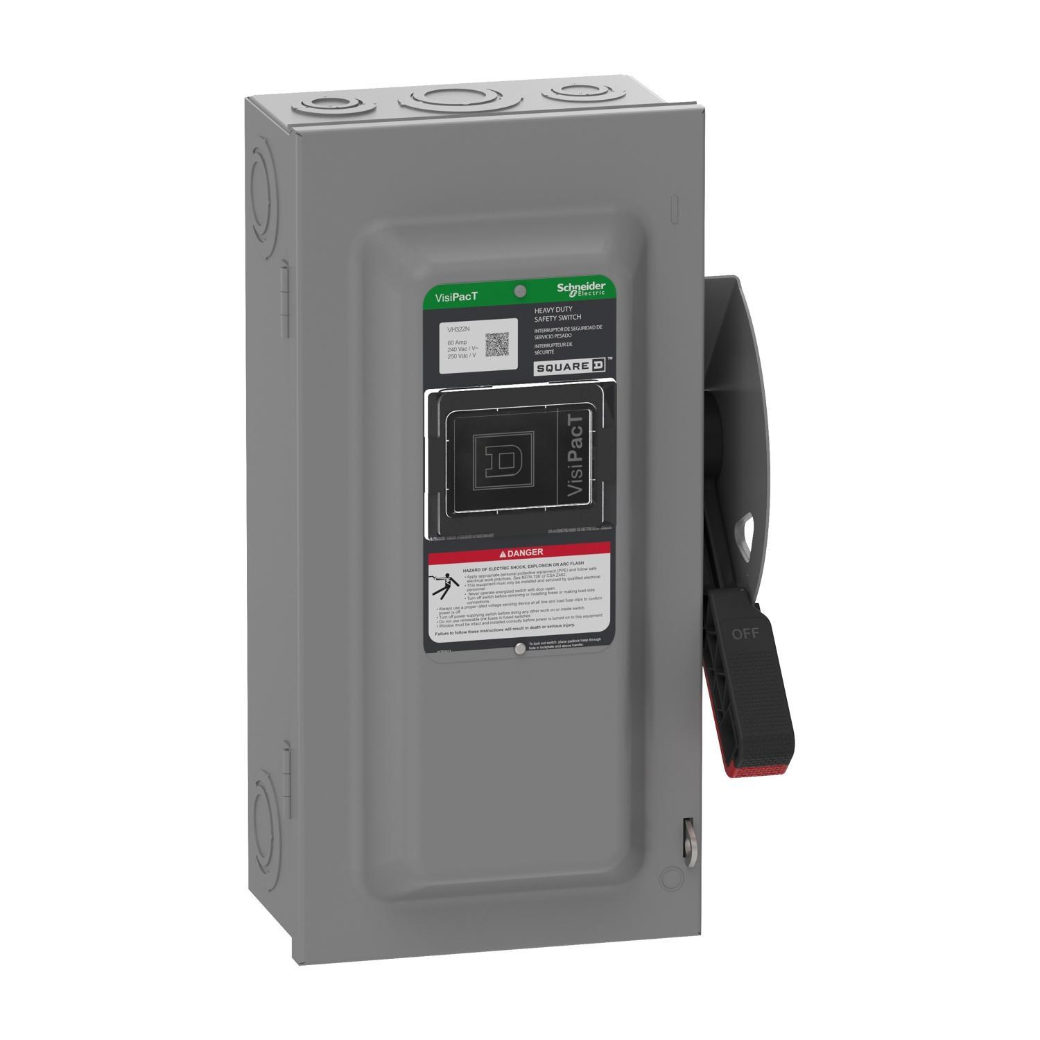 Square D™ VH322N Heavy Duty Fusible Disconnect Safety Switch, 240 V AC/250 V DC, 60 A, 3, 7.5, 10, 15 hp, 3PST Contact, 3 Poles