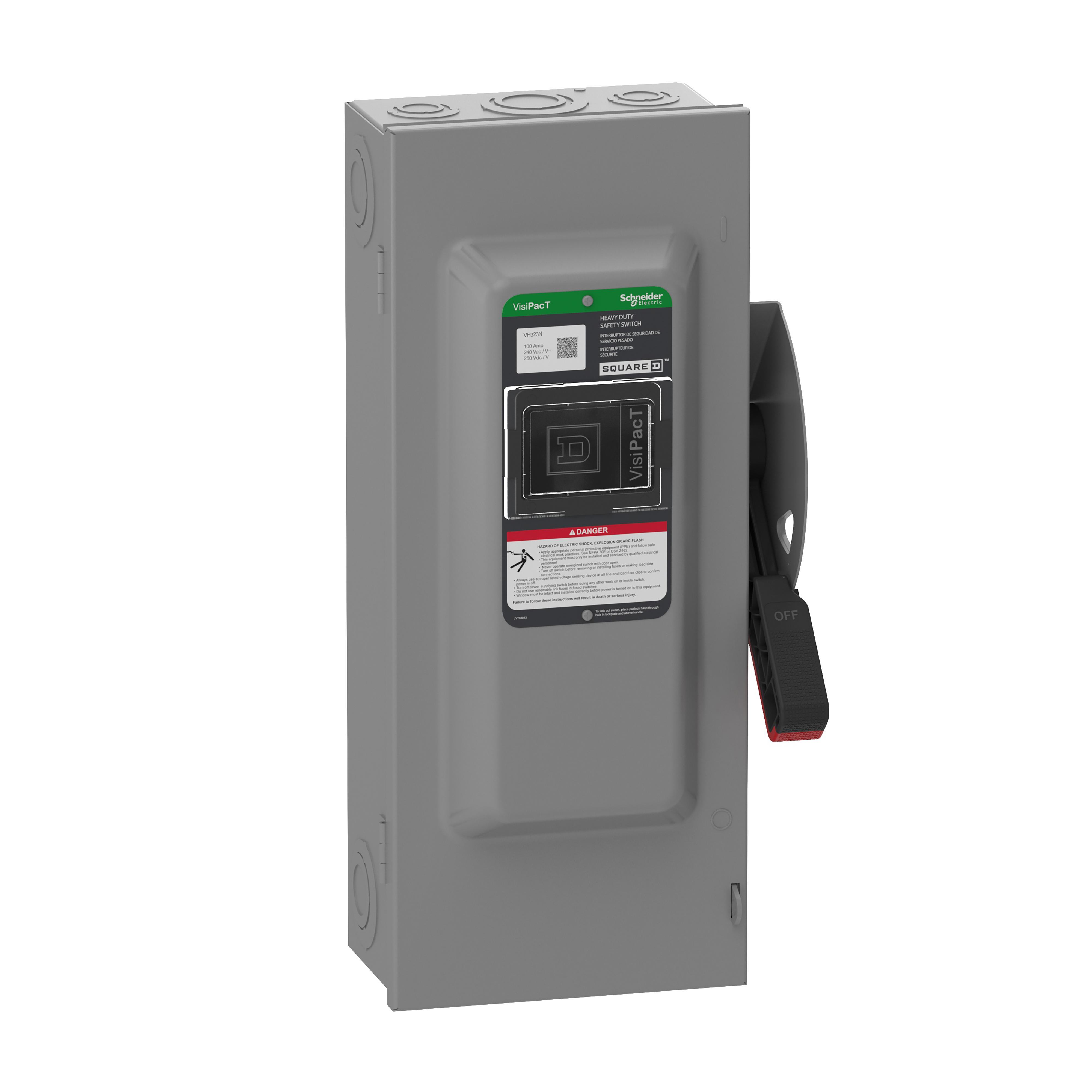 Square D™ VH323N Heavy Duty Fusible Disconnect Safety Switch, 240 V AC/250 V DC, 100 A, 7.5, 15, 20, 30 hp, 3PST Contact, 3 Poles