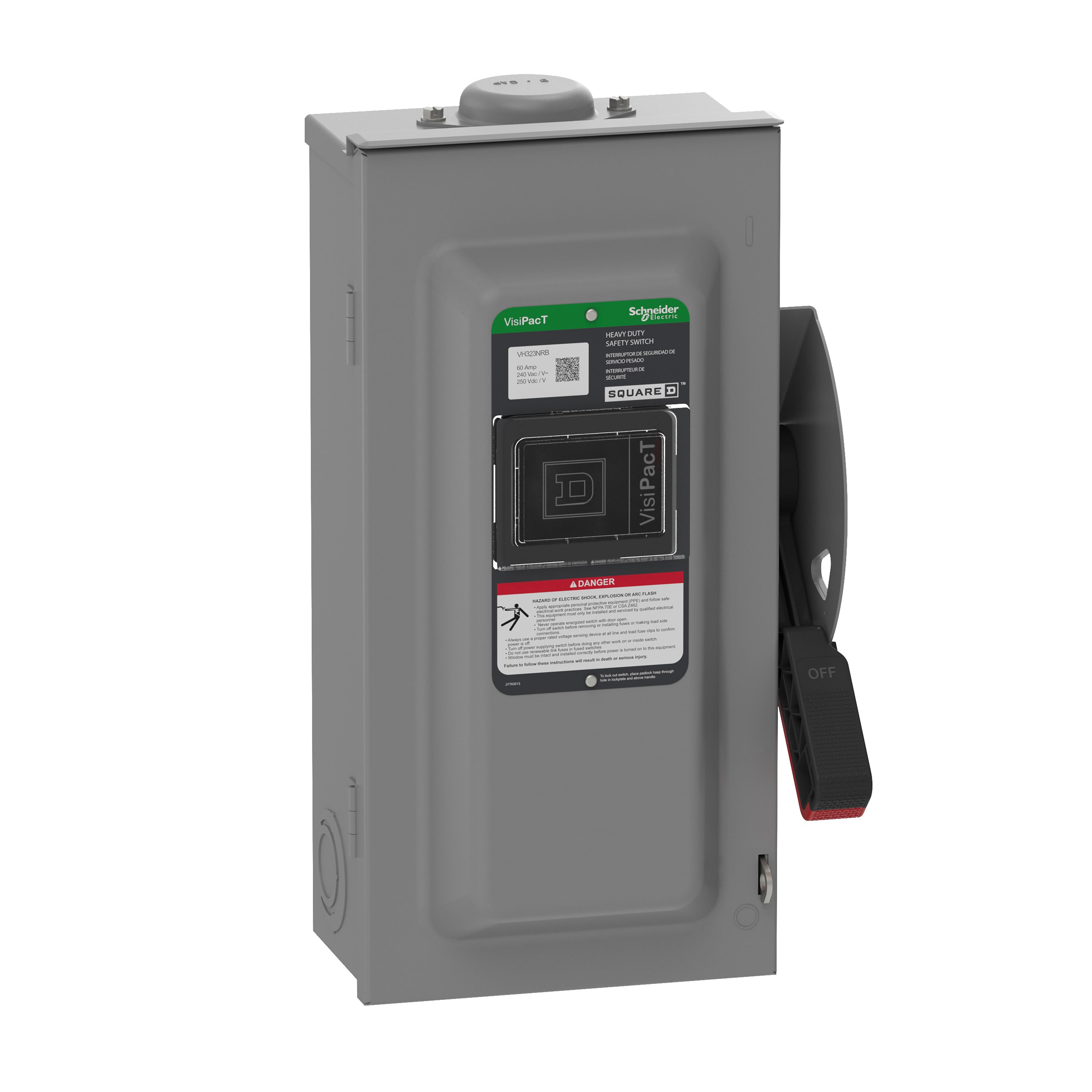 Square D™ VH323NRB Heavy Duty Fusible Disconnect Safety Switch, 240 V AC/250 V DC, 100 A, 7.5, 15, 20, 30 hp, 3PST Contact, 3 Poles