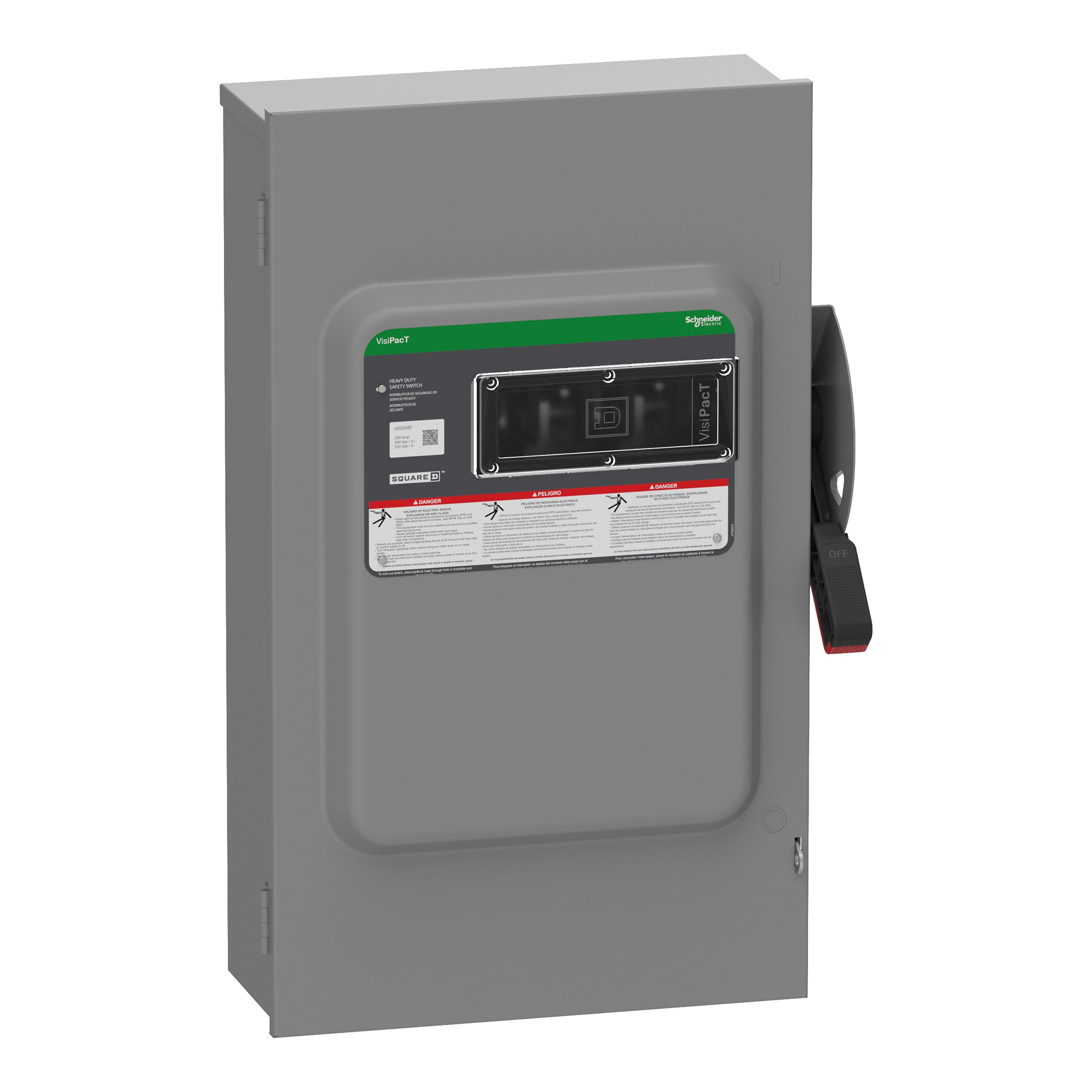 Square D™ VH324NR Heavy Duty Fusible Disconnect Safety Switch, 240 V AC/250 V DC, 200 A, 15, 25, 40, 60 hp, 3PST Contact, 3 Poles