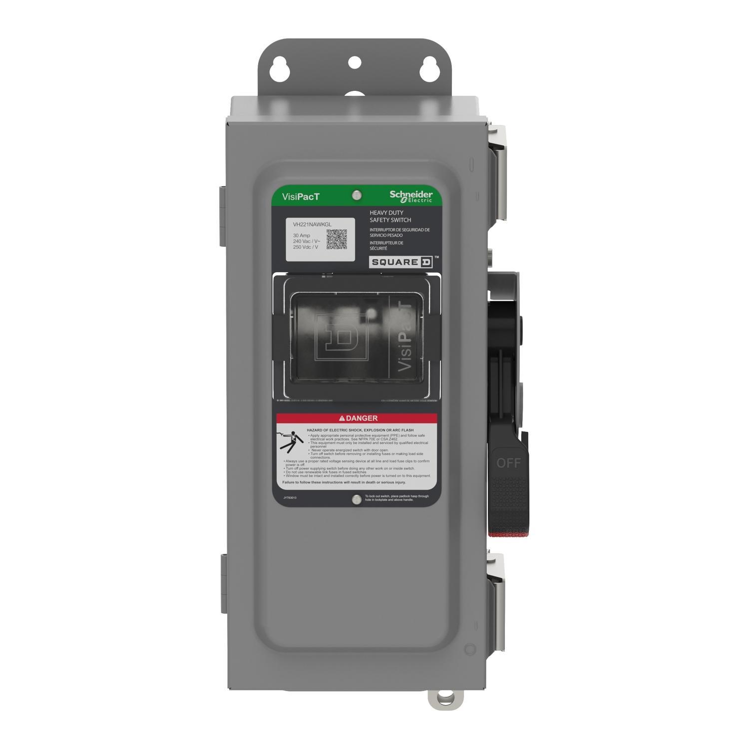Square D™ VHU361AWKGL Heavy Duty Non-Fusible Disconnect Safety Switch, 600 V AC/600 V DC, 30 A, 5, 7.5, 10, 15, 20, 30 hp, 3PST Contact, 3 Poles