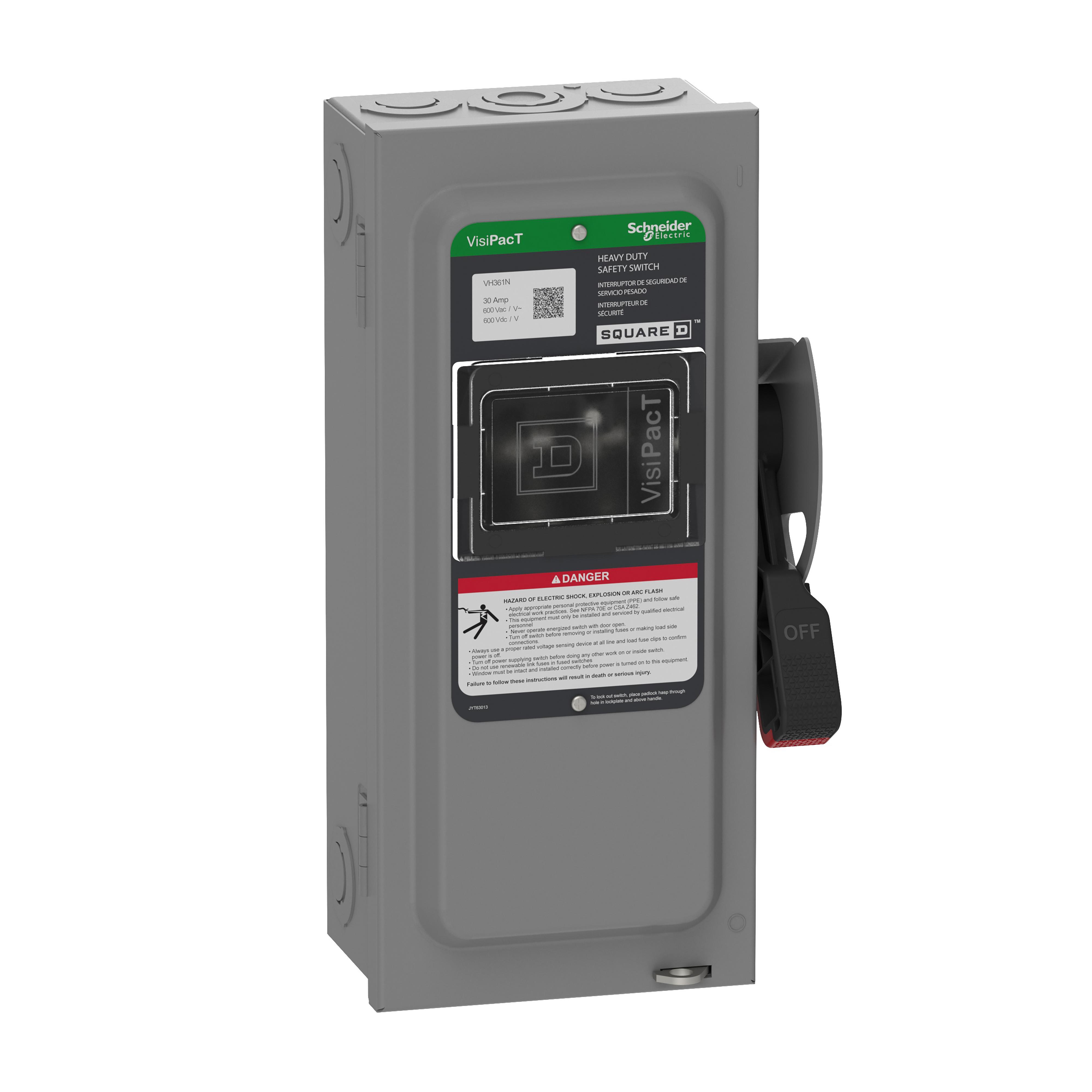 Square D™ VH361N Heavy Duty Fusible Disconnect Safety Switch, 600 V AC/600 V DC, 30 A, 5, 7.5, 15, 20 hp, 3PST Contact, 3 Poles